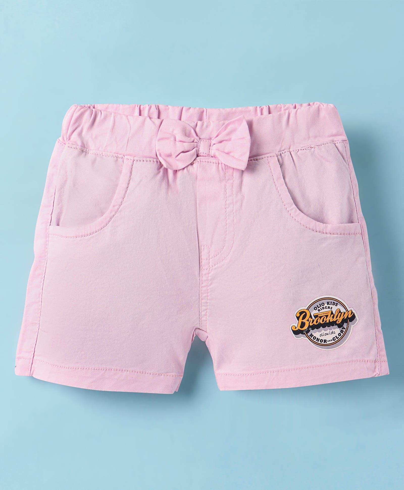 Olio Kids Cotton Knit Above Knee Length Shorts with Text Print & Bow Applique - Pink-picture-24