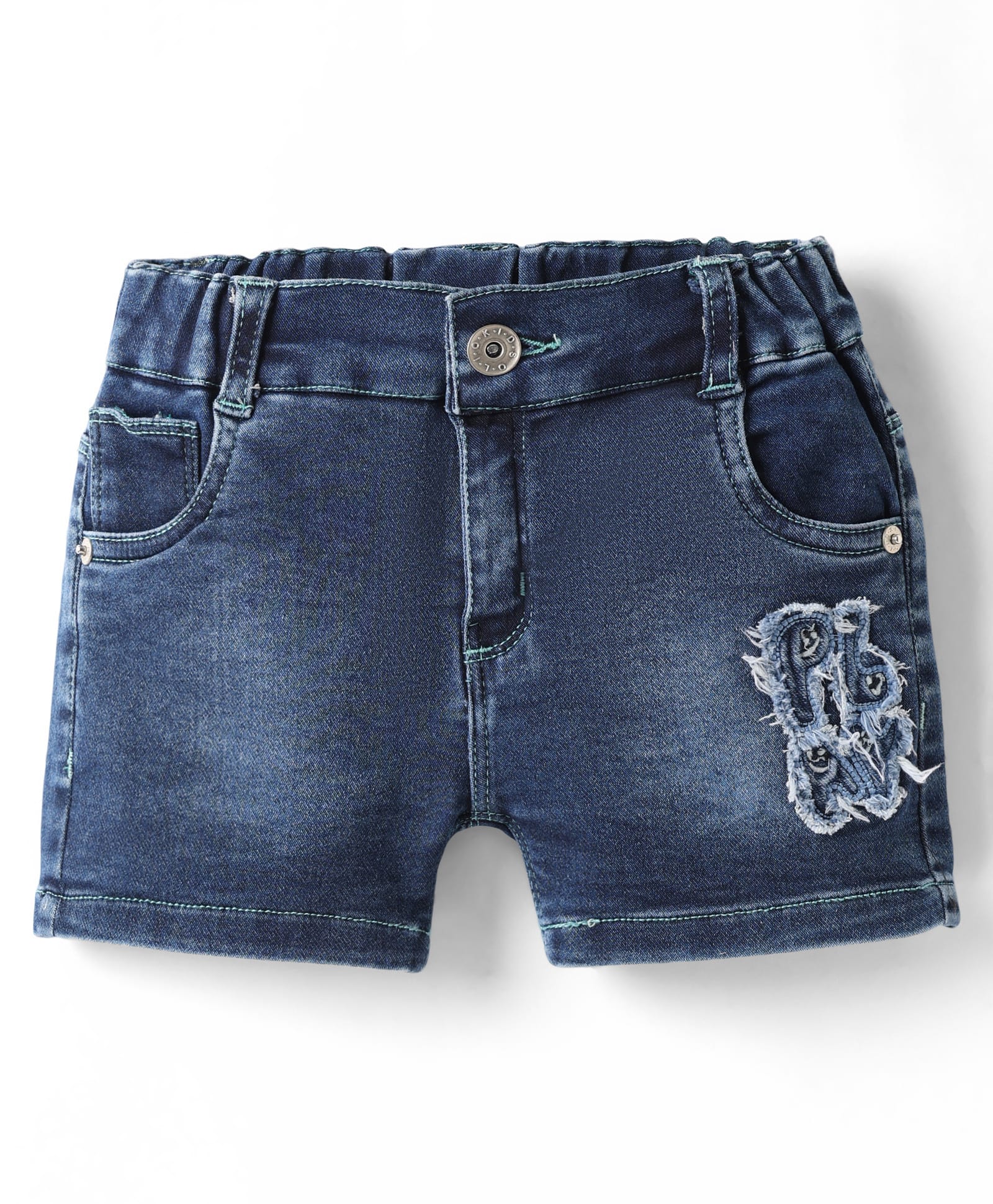 Olio Kids Denim Knit Above Knee Length Shorts with Play Text Patch - Navy Blue-picture-11