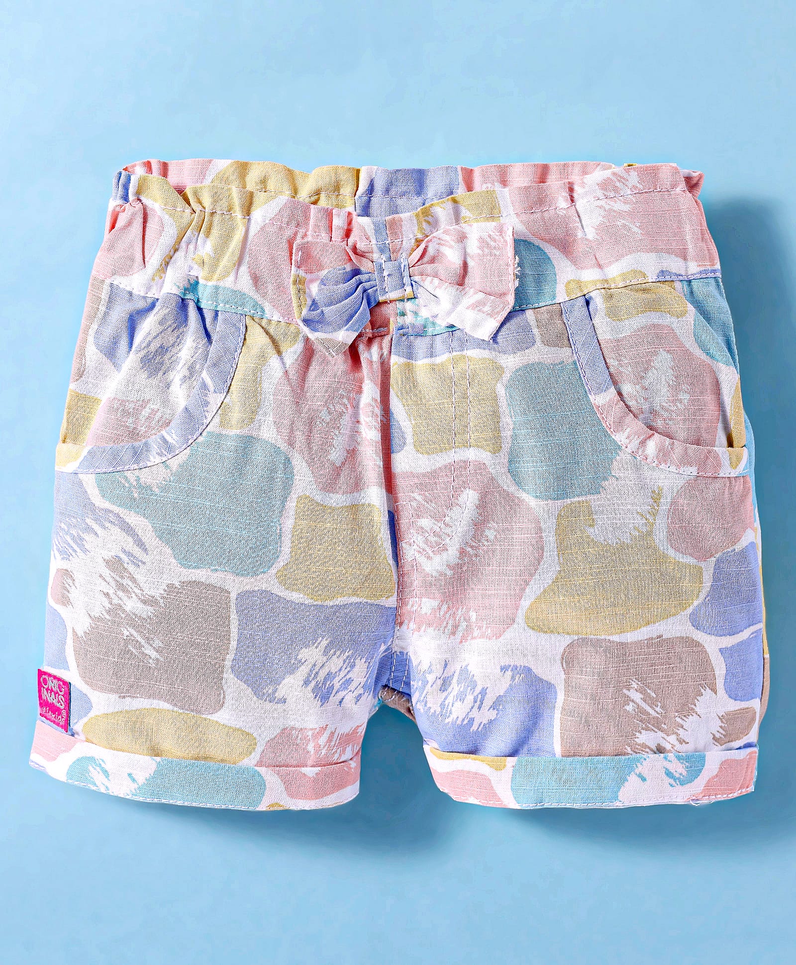 Olio Kids Cotton Knit Above Knee Length Printed Shorts With Bow Applique - Light Blue-picture-25