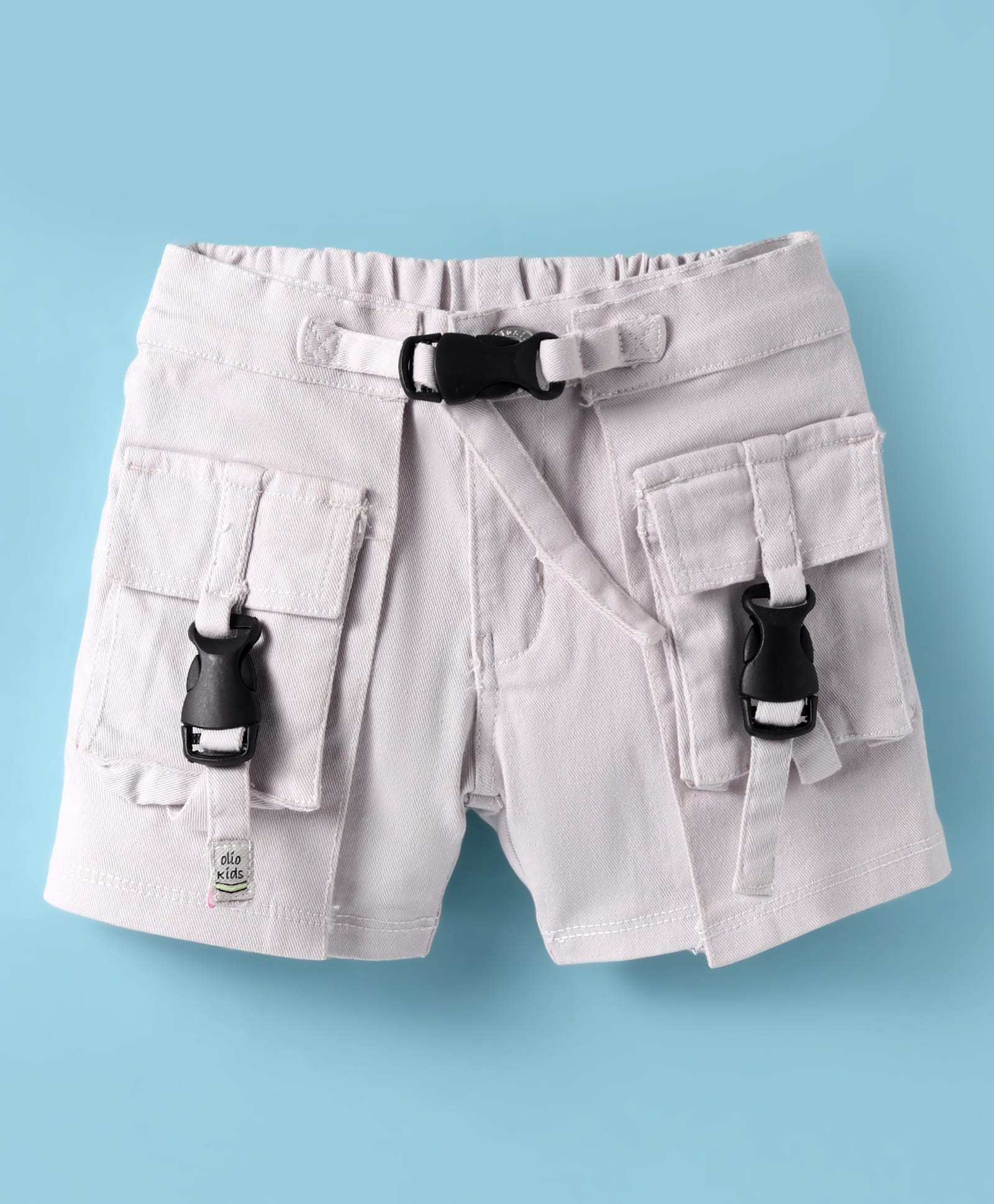 Olio Kids Cotton Knit Above Knee Length Solid Shorts with Buckle Closure Pockets - Beige-image-12