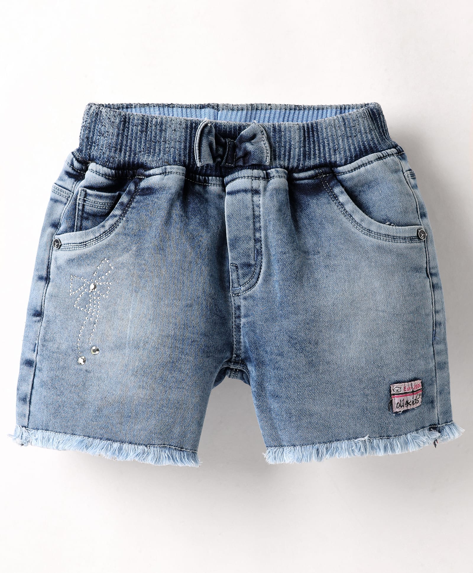 Olio Kids Knit Above Knee Length Denim Shorts With Pearl Detailing & Bow Applique - Light Blue-image-0