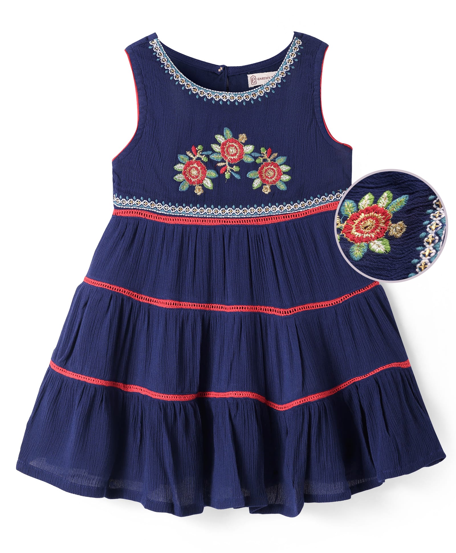 EARTHY TOUCH Crinkled Rayon Woven Sleeveless Flared Ethnic Dress With Floral Embroidery - Navy Blue-image-41