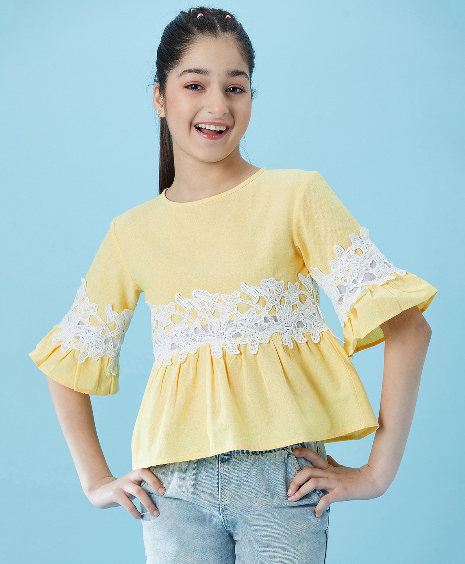Pspeaches Cotton Half Bell Sleeves Floral Lace Detailed Top - Yellow-picture-13