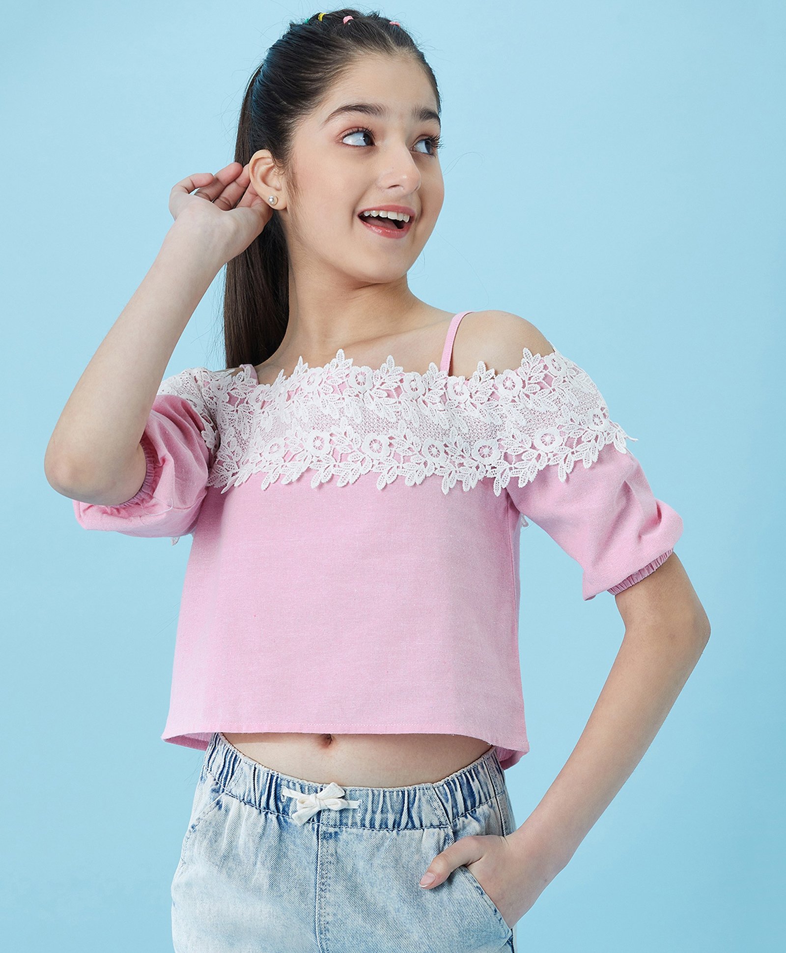 Pspeaches Cotton Cold Shoulder Sleeves Floral Lace Detailed Top - Pink-image-3