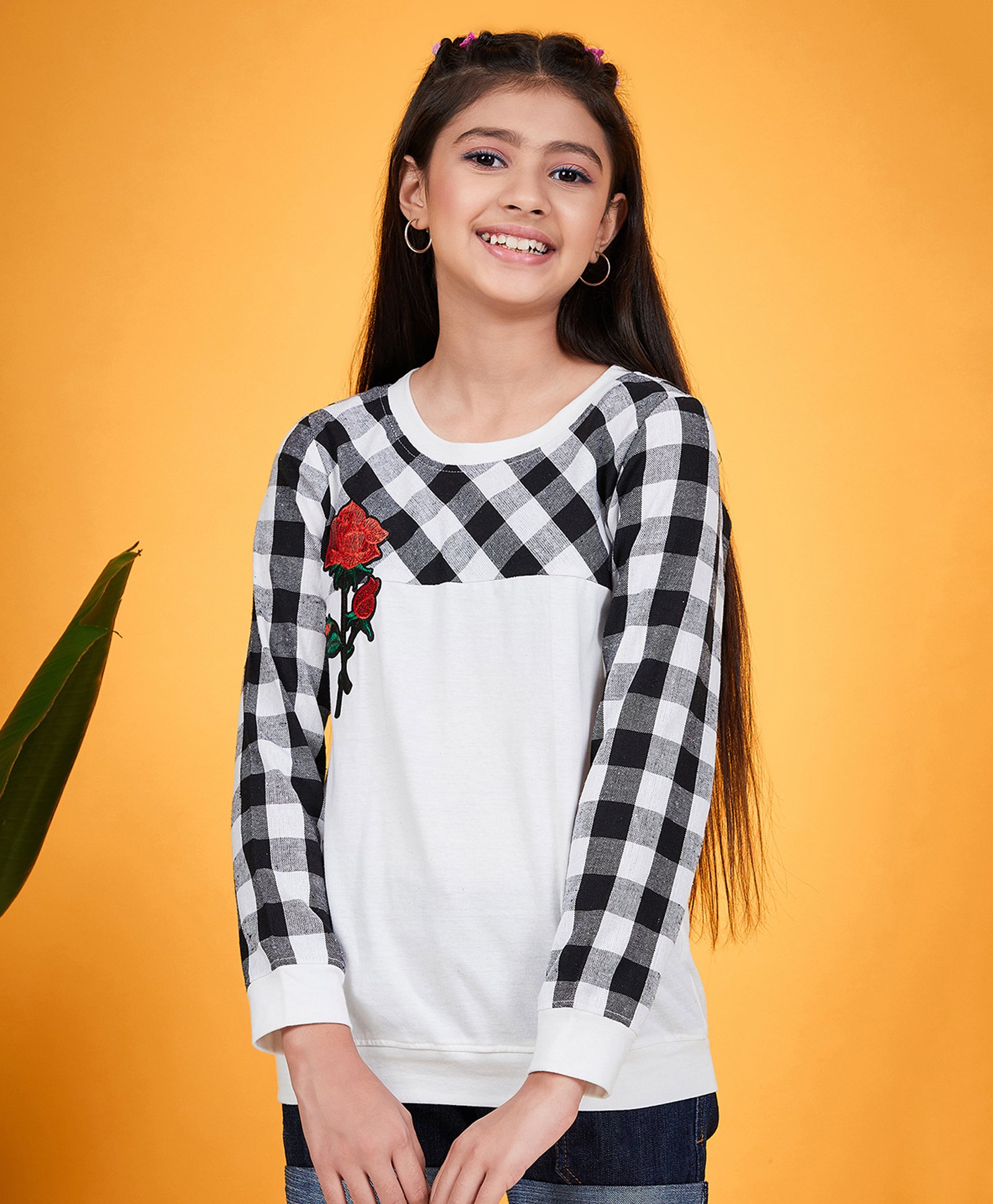Pspeaches Cotton Full Sleeves Checked Floral Embroidered Top - Black & White-image-2
