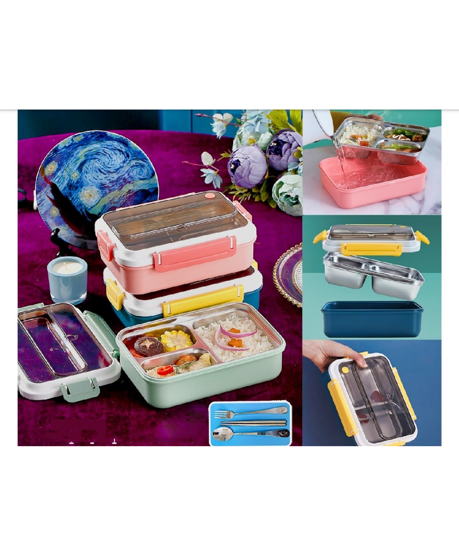 Sanjary Stainless Steel Lunch Box with 3 compartment and Clutterys 1000ml color design may vary-image-35