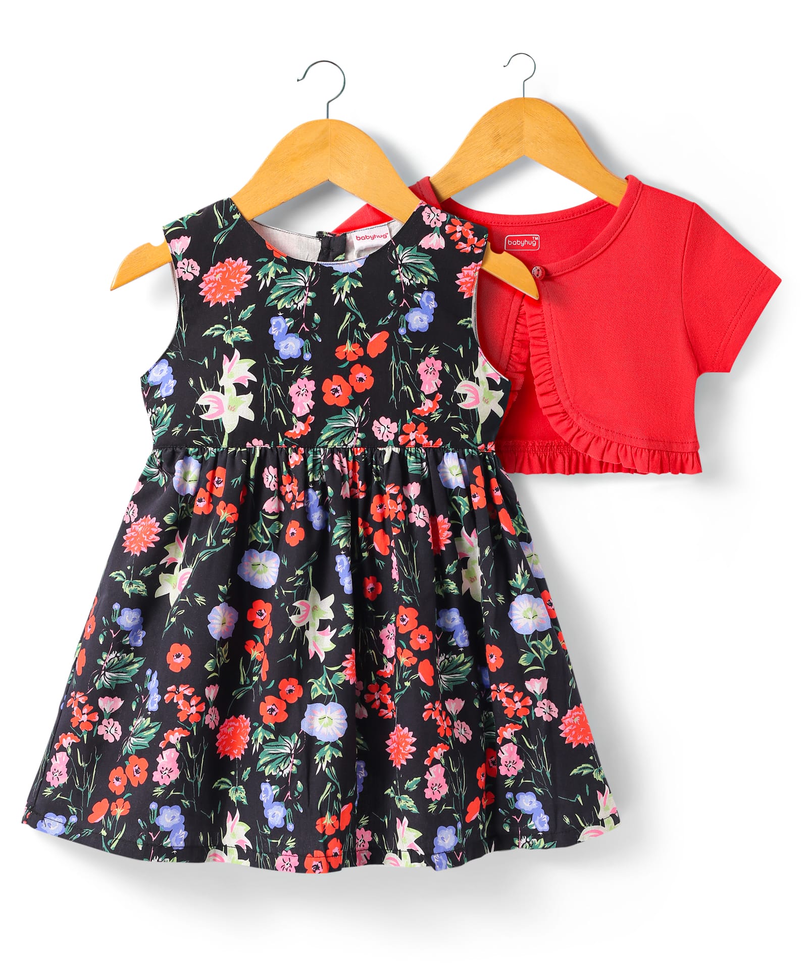 Babyhug Cotton Woven Half Sleeves Solid Color Shrug & Floral Printed Frock - Black & Red-picture-38