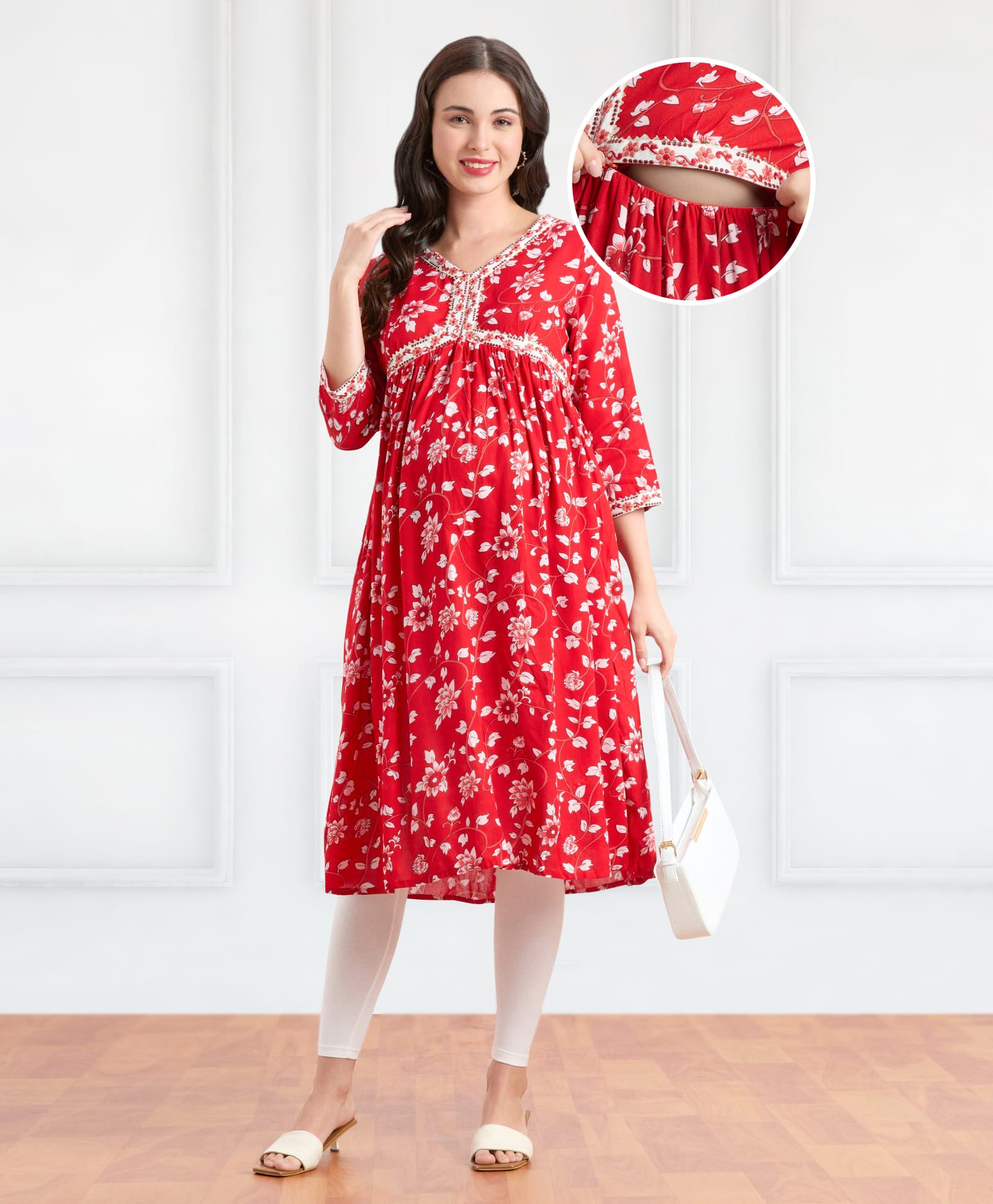 Bella Mama Woven Three Fourth SleevesMaternity Kurta With Neck Embroidery Floral Print & Pocket - Red-image-33