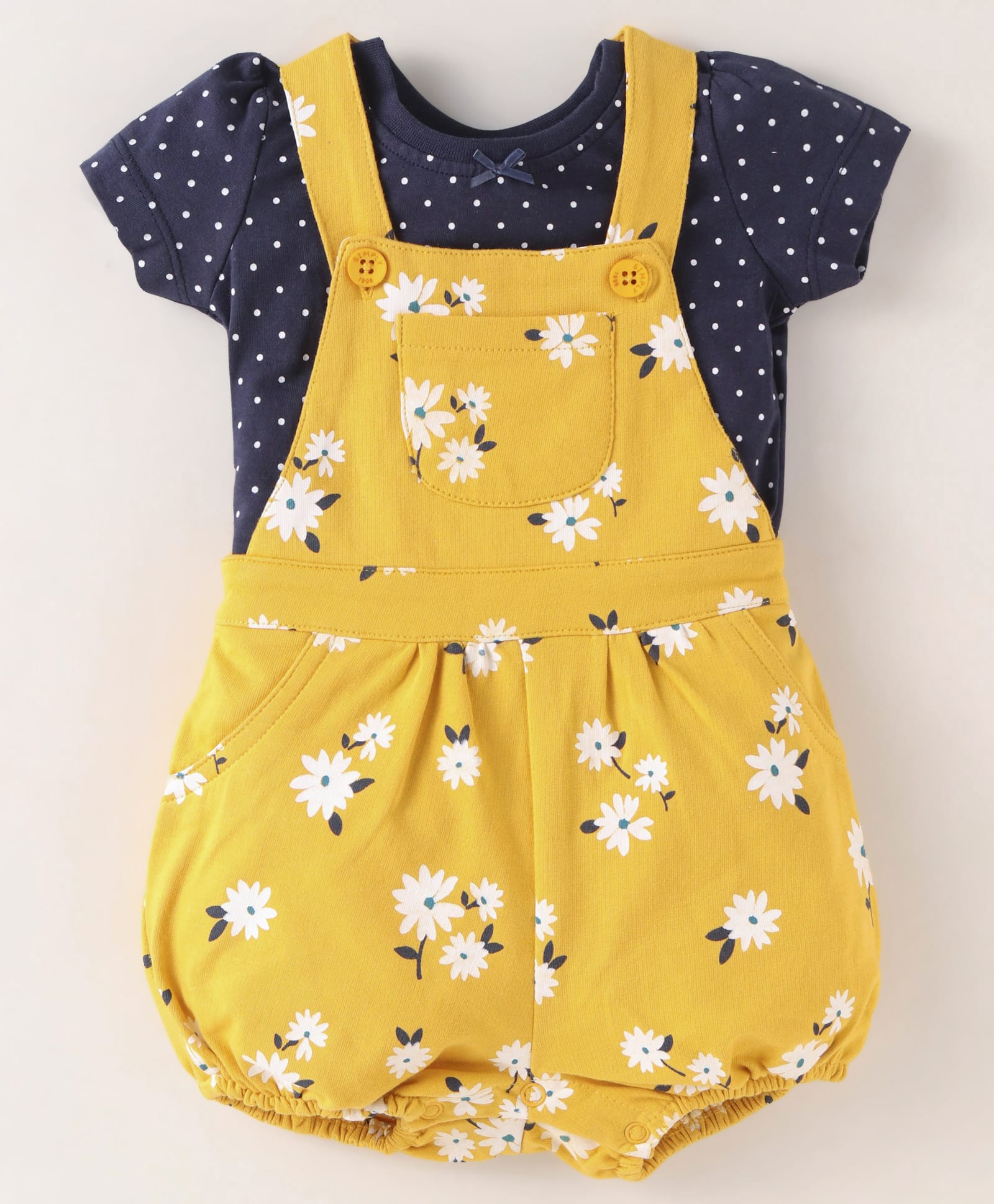 Simply Premium Interlock Knit Floral Printed Dungaree & Half Sleeves T-Shirt with Polka Dots Print - Yellow & Navy Blue-image-16