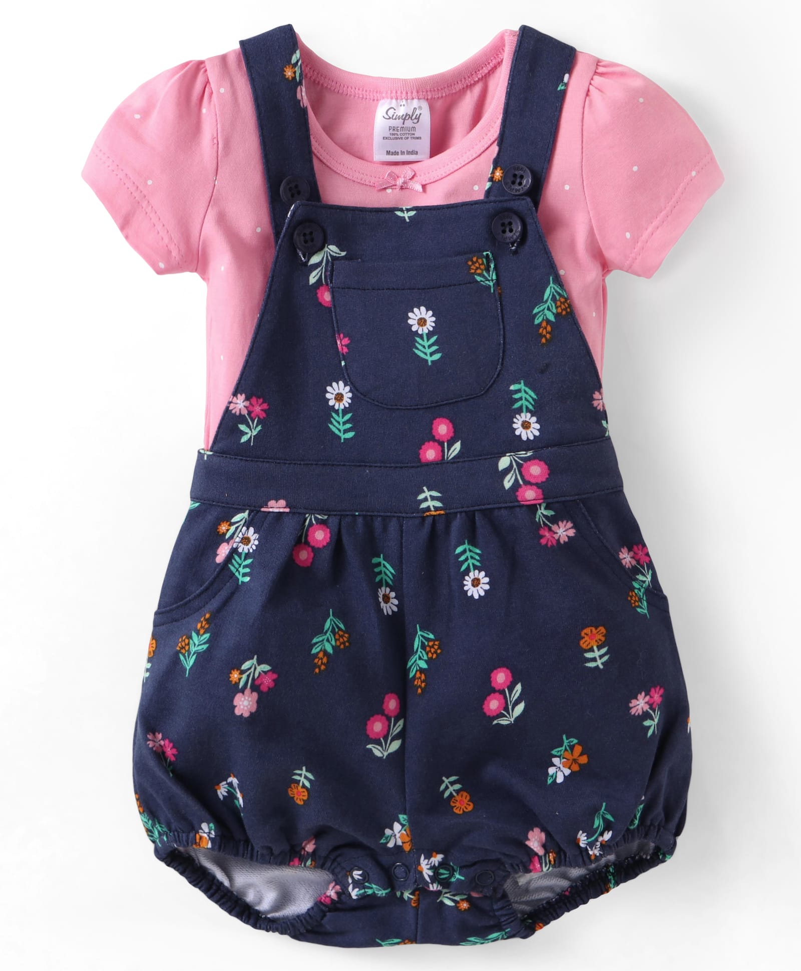 Simply Premium Interlock Knit Half Sleeves Top & Dungaree Style Onesie with Floral Print - Navy Blue-picture-0