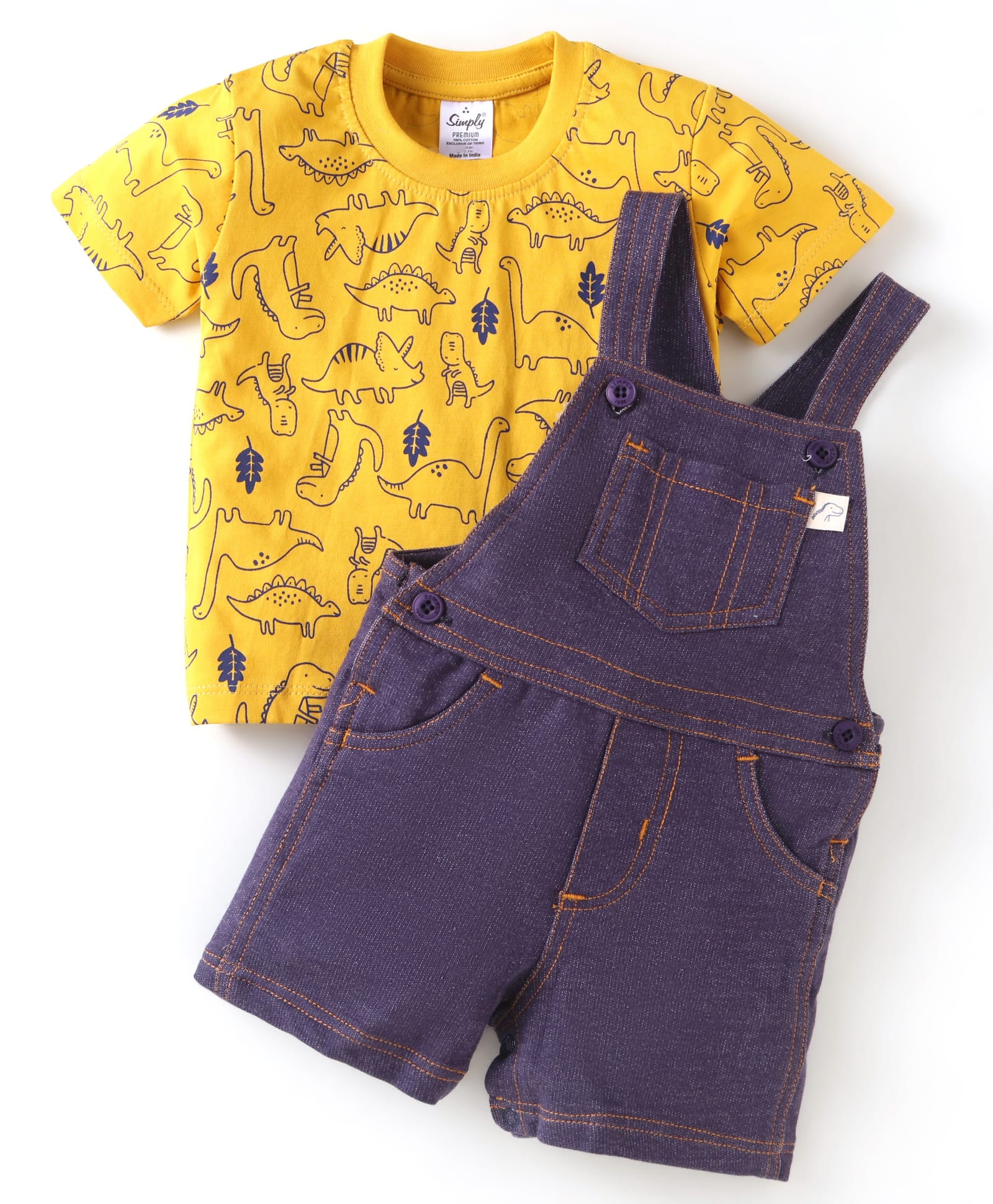 Simply Premium Interlock Knit Dungaree & Half Sleeves T-Shirt With Dino Print-Yellow & Blue-picture-14