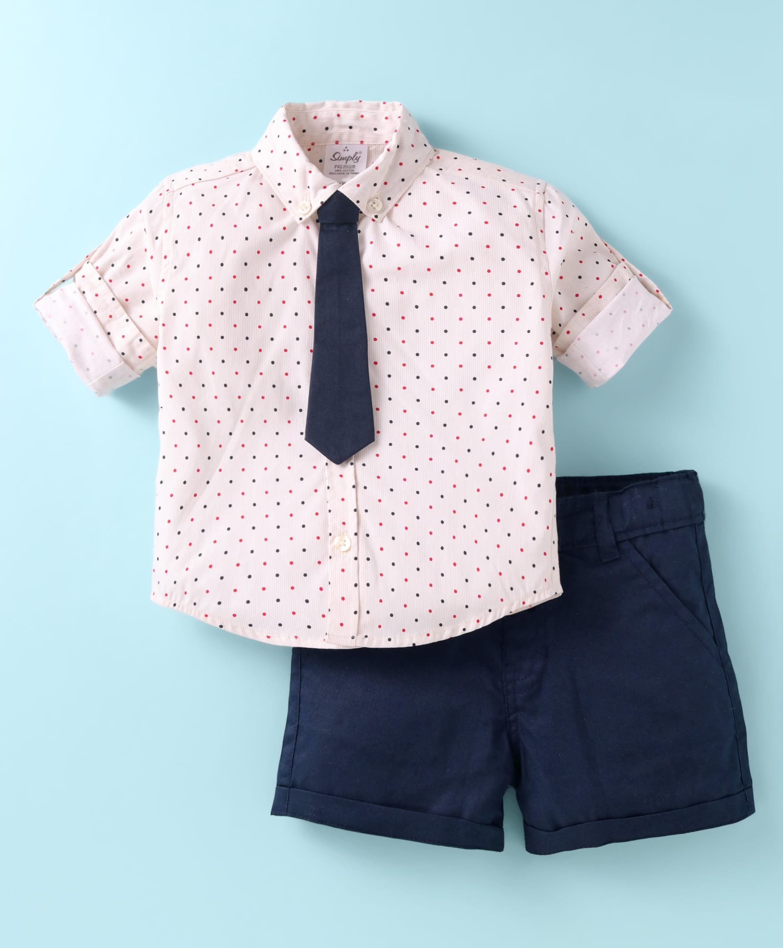 Simply Premium Cotton Woven Full Sleeves Polka Dot Printed Shirt & Shorts Set With Tie - Cream-picture-19
