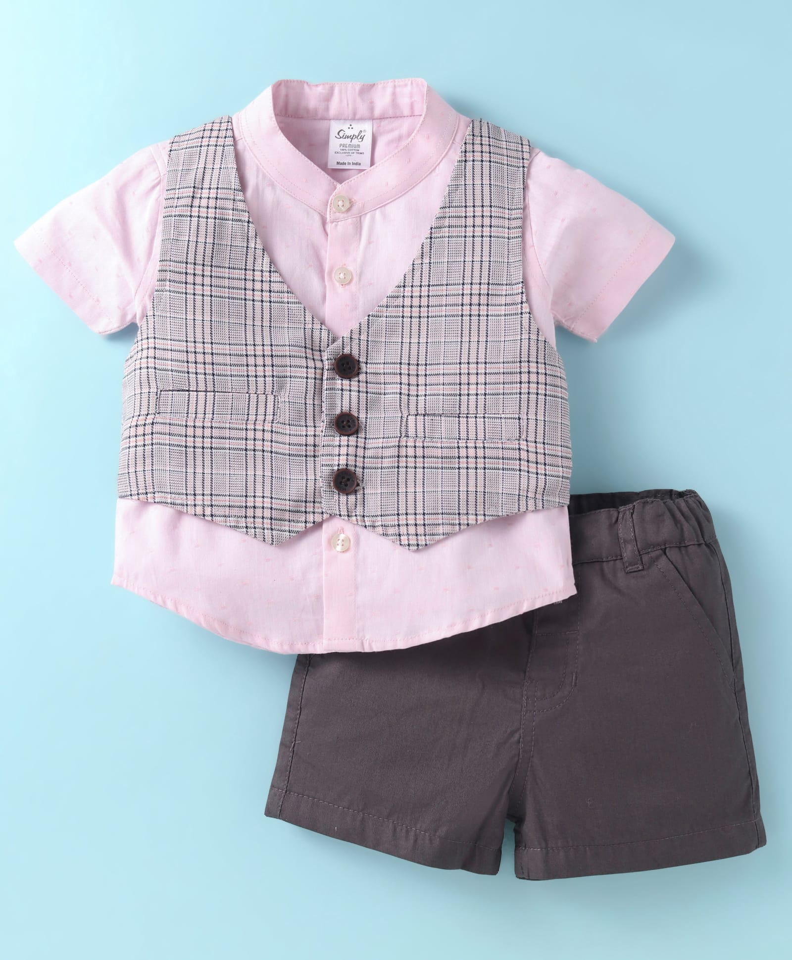 Simply Premium Cotton Woven Half Sleeves Shirt & Shorts Set With Checks Waist Coat - Pink & Grey-image-45