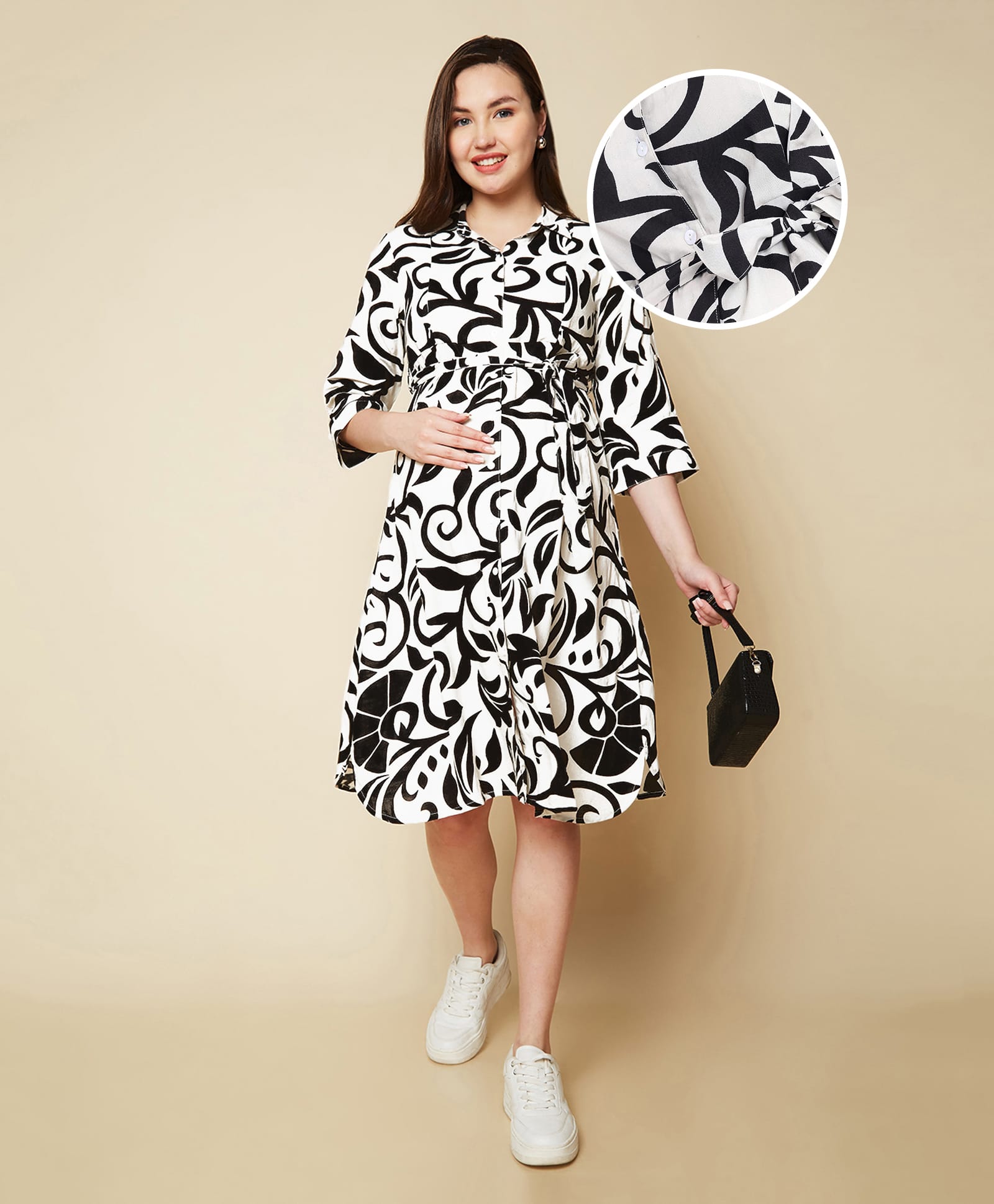 Bella Mama Woven Three Fourth Sleeves Shirt Maternity Dress - Off White-image-27