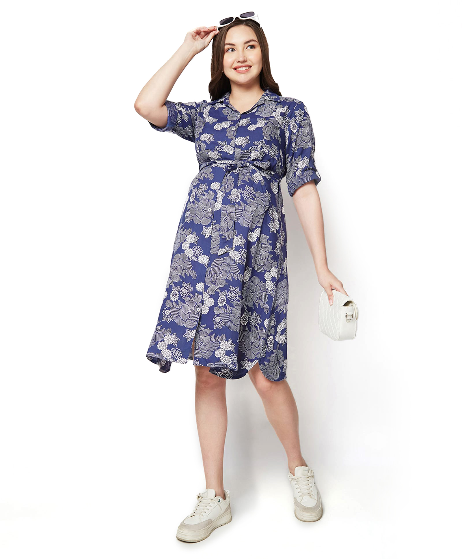 Bella Mama Women WovenThree Fourth Sleeves Shirt Maternity DressWith Floral Print - Navy Blue-image-24