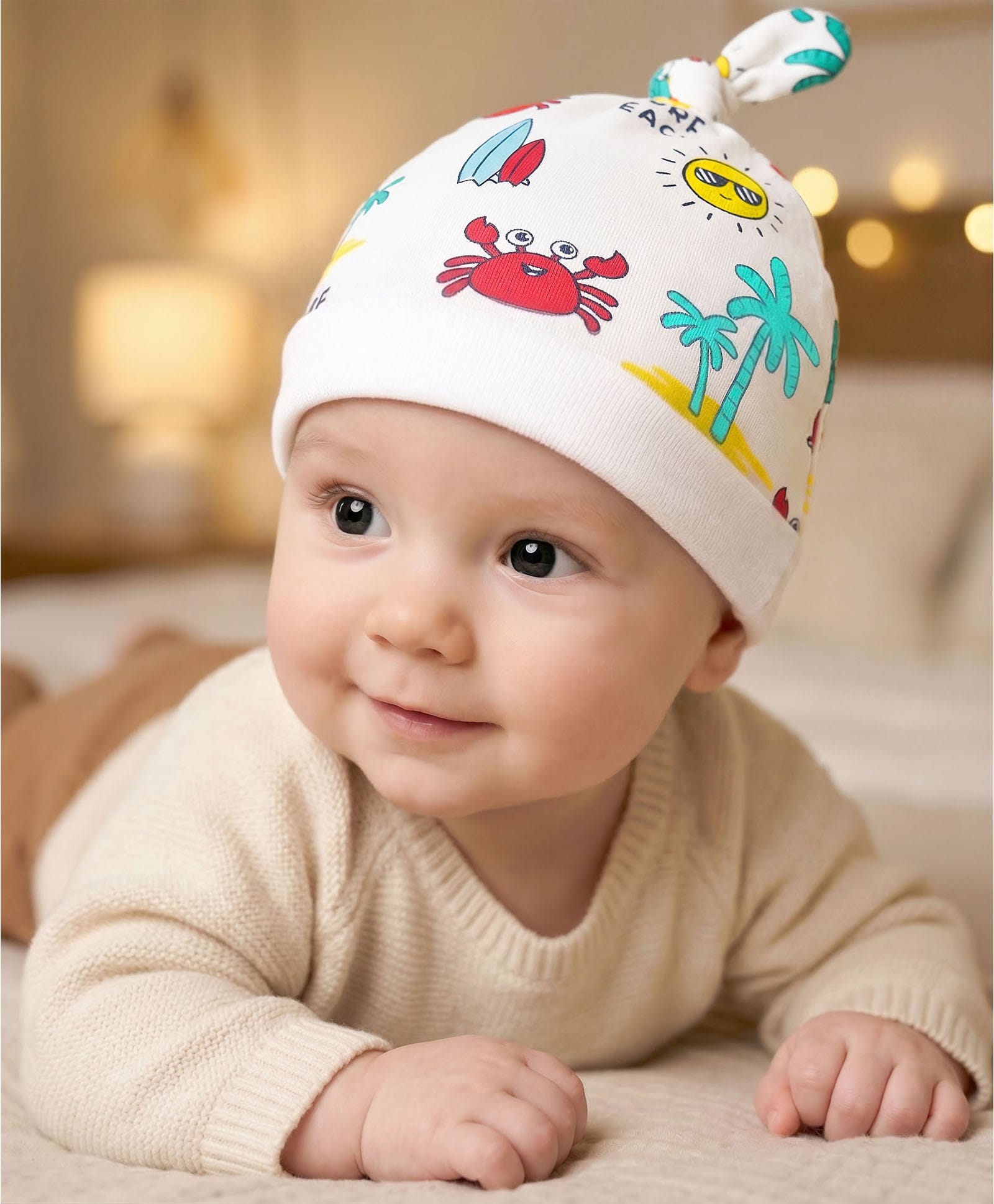 Babyhug Interlock Knit Beach Theme Printed Cap White - Diameter 11.5 cm-picture-25