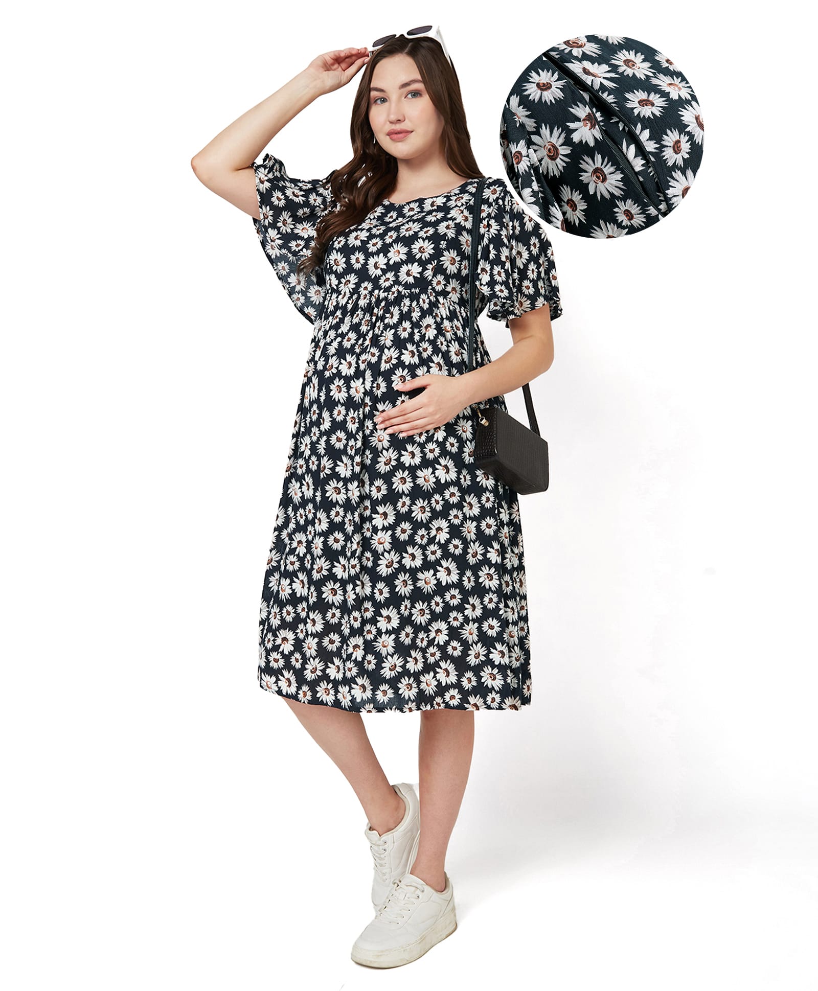 Bella Mama Women Half Flared Sleeves Maternity Dress With Floral Print - Black-image-15