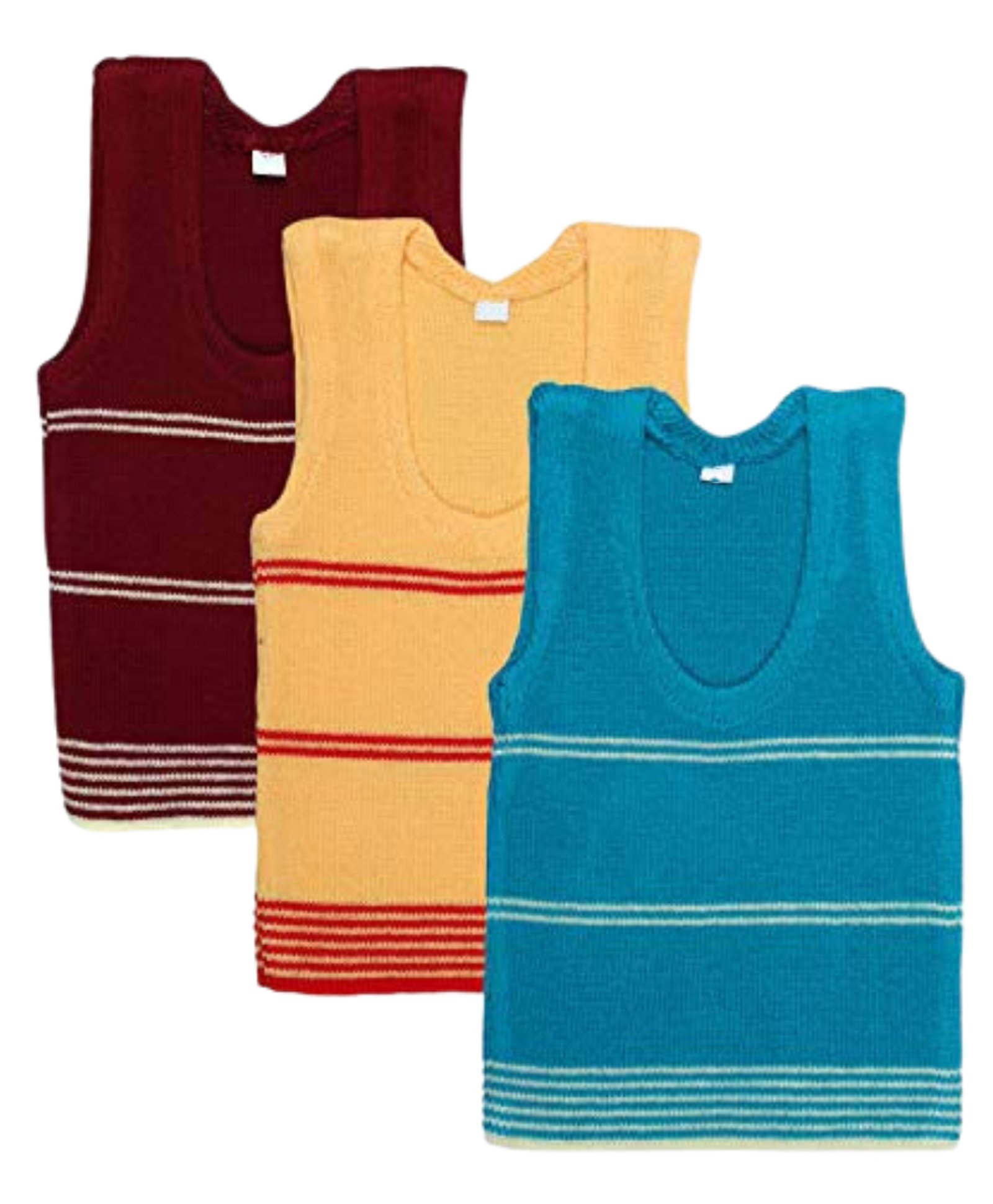 Superminis Woollen Woven Pack Of 3 Sleeveless Striped Vests - Green Maroon & Peach-picture-31