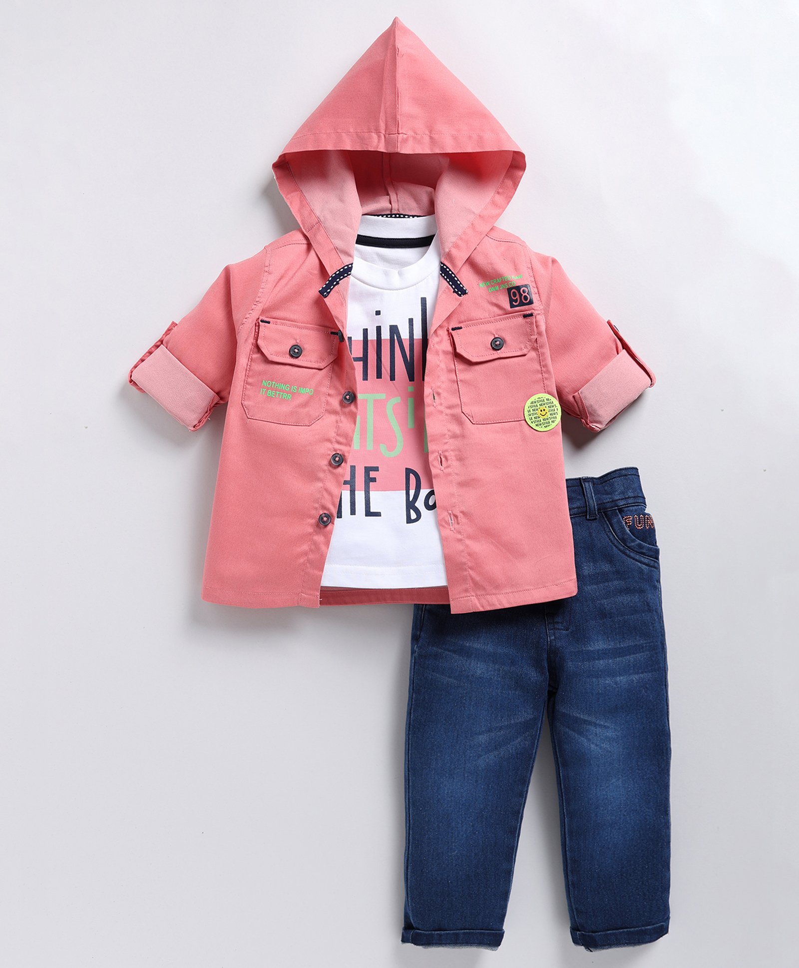 LITTLE COLLARS Full Sleeves Typography Printed Hooded Shirt With Tee & Pant - Pink-picture-45