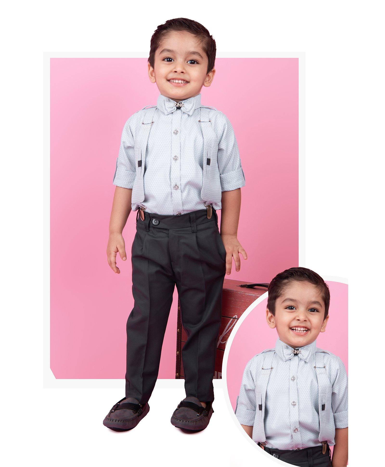 LITTLE COLLARS Full Sleeves Abstract Printed Shirt With Attached Waistcoat & Bow Trousers Set - Grey-image-25