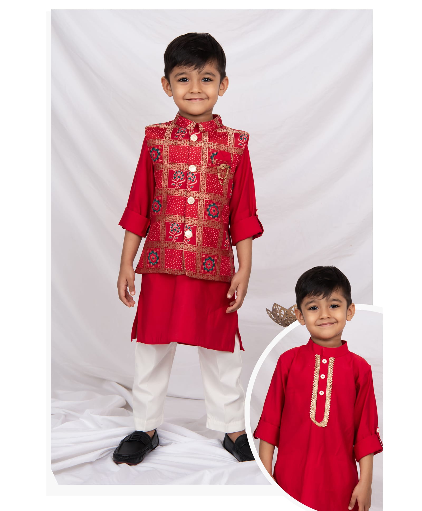 LITTLE COLLARS Full Sleeves Solid Kurta Pyjama With Floral Printed Jacket - Red-picture-16