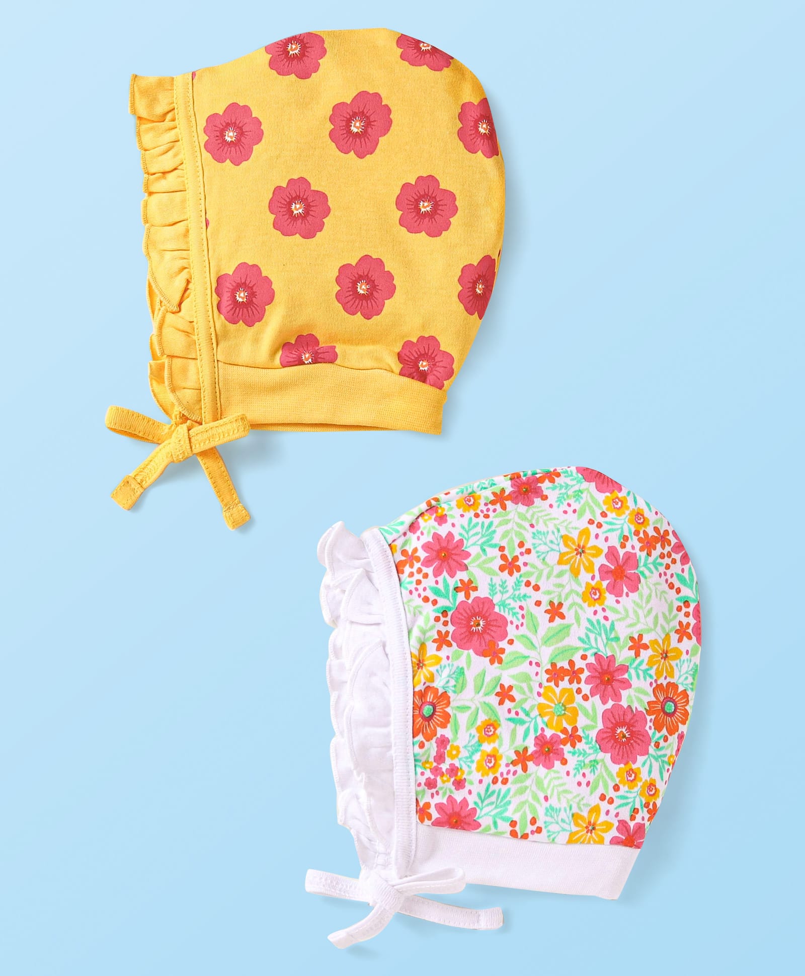 Babyhug 100% Cotton Knit Tie Knot Caps with Floral Print Yellow & White Pack of 2 - Diameter 9 cm-image-11
