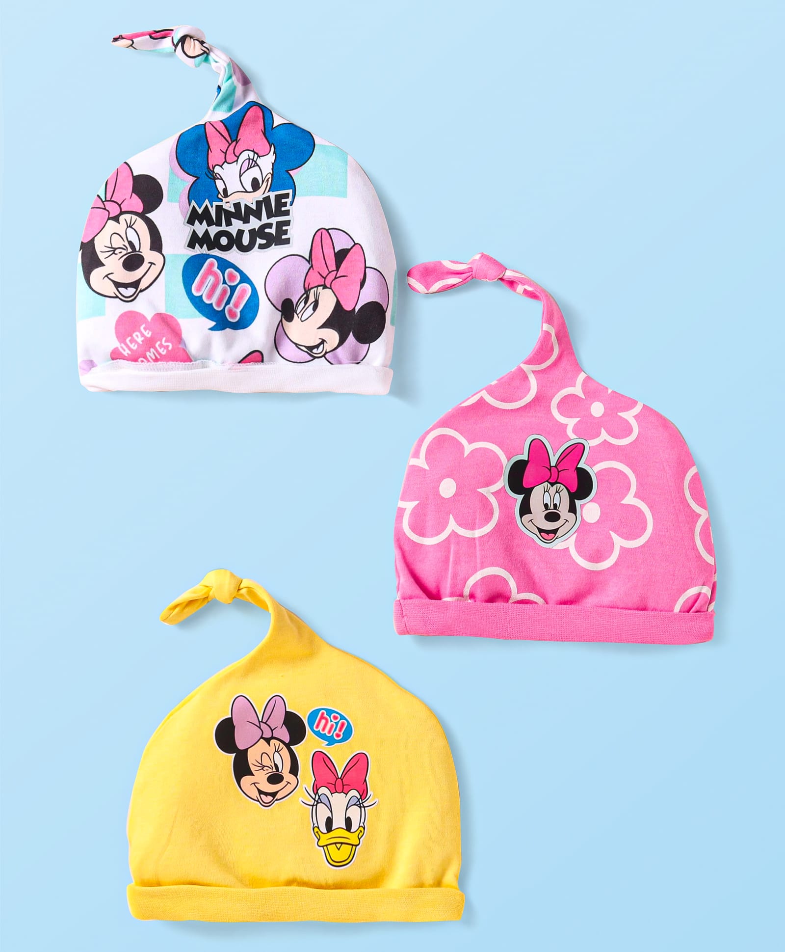 Babyhug Disney Interlock Knit Knot Caps with Minnie Mouse & Family Graphics Pack of 3 Pink White & Yellow - Diameter 18 cm-picture-20