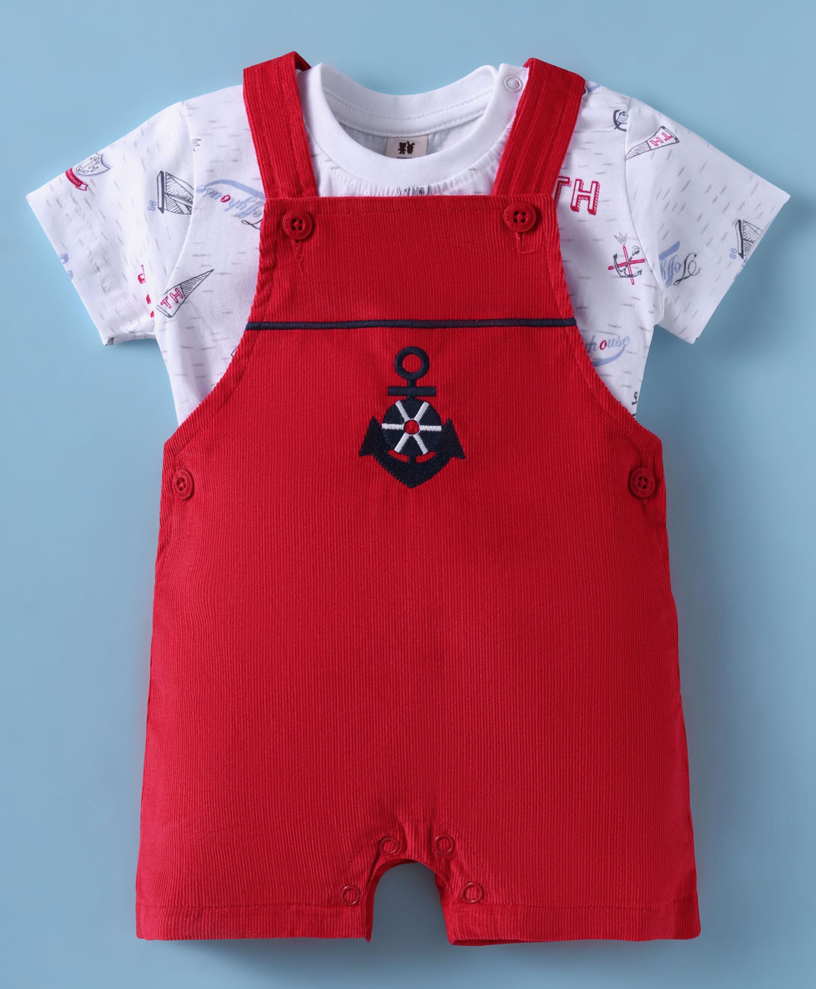 ToffyHouse Cotton Knit Dungarees with Half Sleeves Inner Tee & Nautical Theme Print - Red & White-image-18