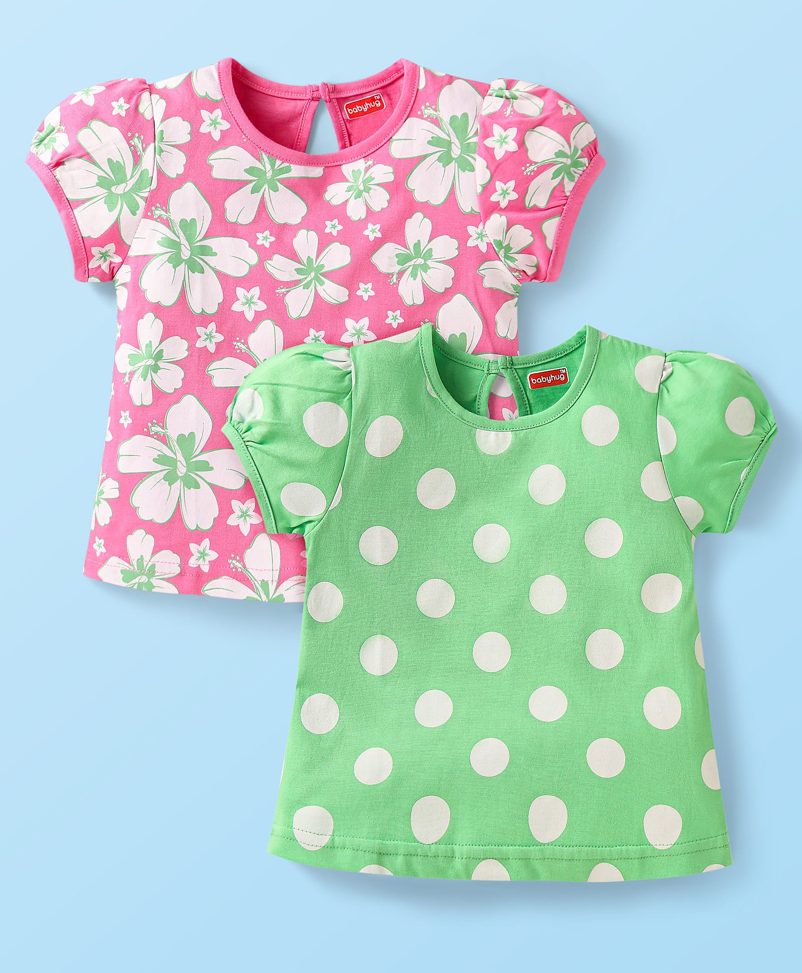 Babyhug Cotton Knit Puffed Sleeves T-Shirt with Floral Print Pack Of 2 -Pink & Light Green-image-7