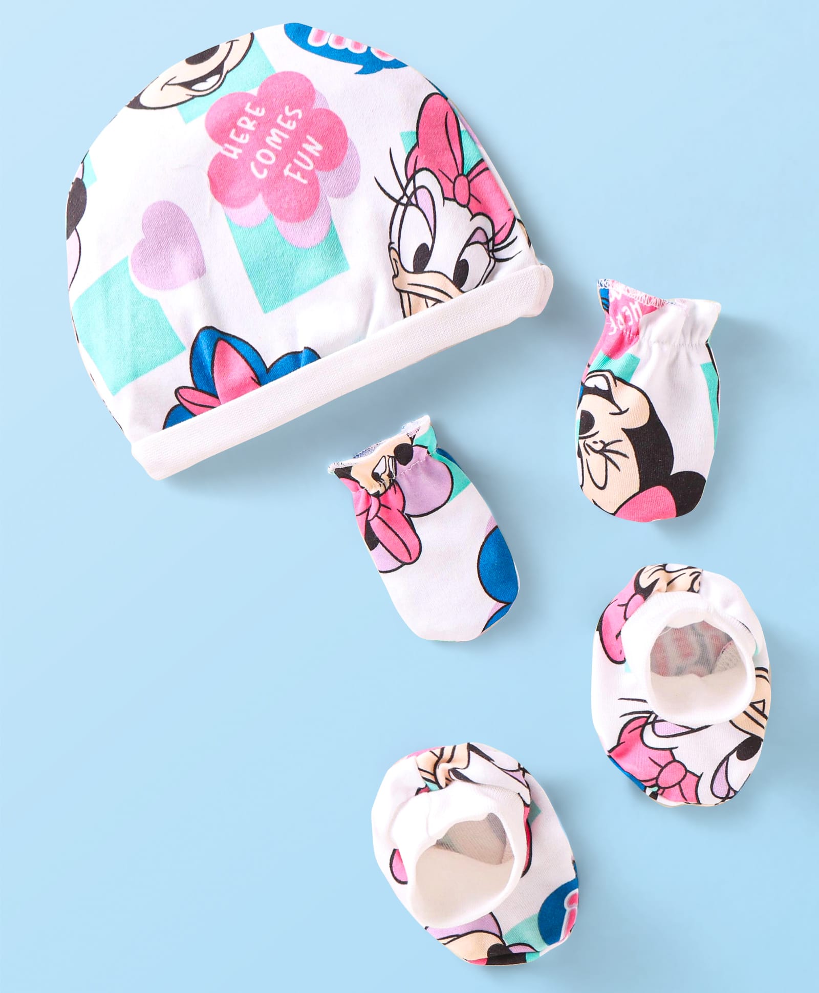 Babyhug Disney Interlock Knit Caps Mitten & Booties Set with Minnie Mouse Graphics White - Diameter 10 cm-picture-23