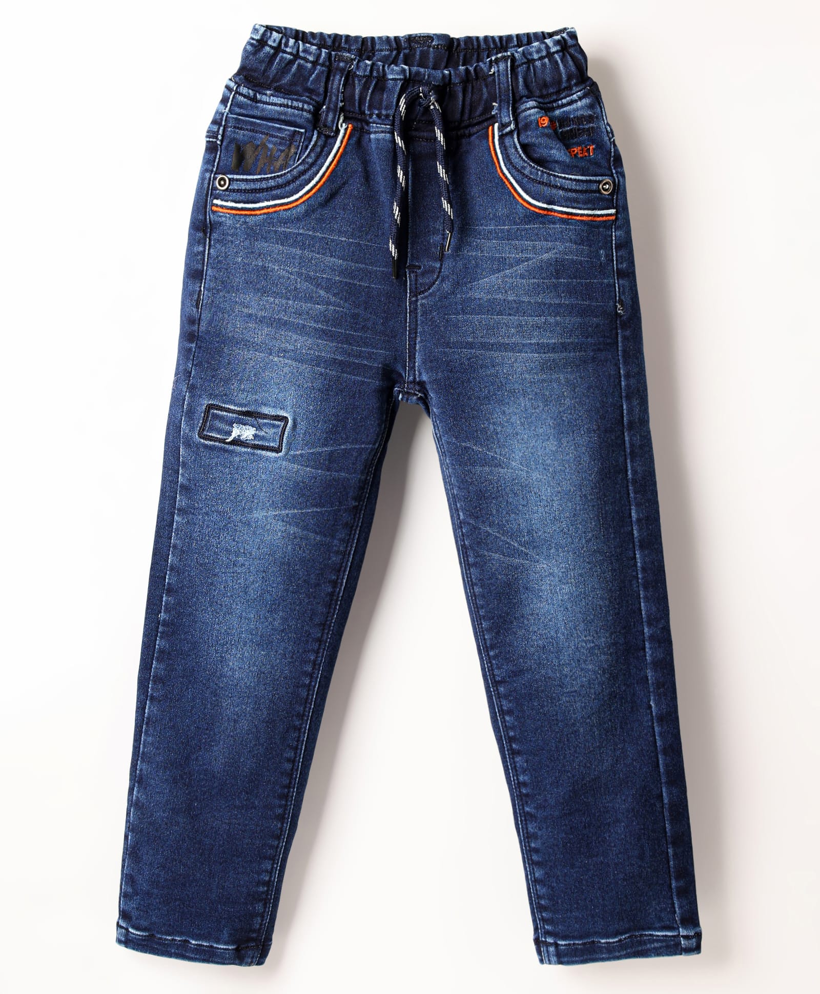 Olio Kids Woven Full Length Denim Jeans With Embroidery - Navy Blue-picture-23