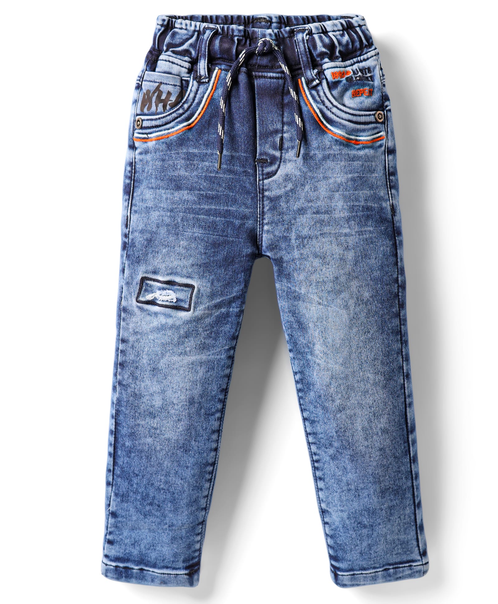 Olio Kids Woven Full Length Denim Jeans With Embroidery - Blue-picture-10