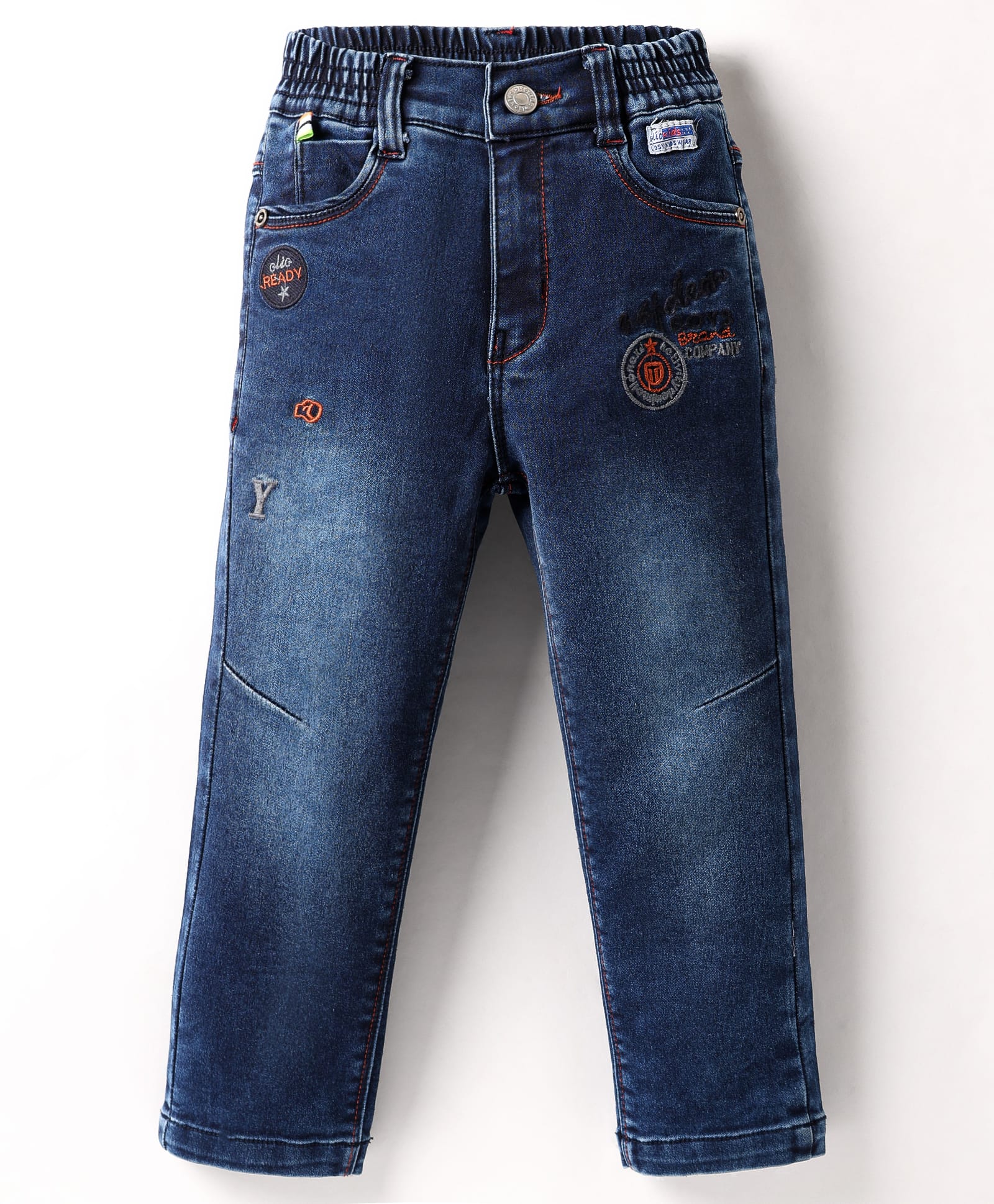 Olio Kids Woven Full Length Denim Jeans With Embroidery & Patch Detailing - Navy Blue-picture-18
