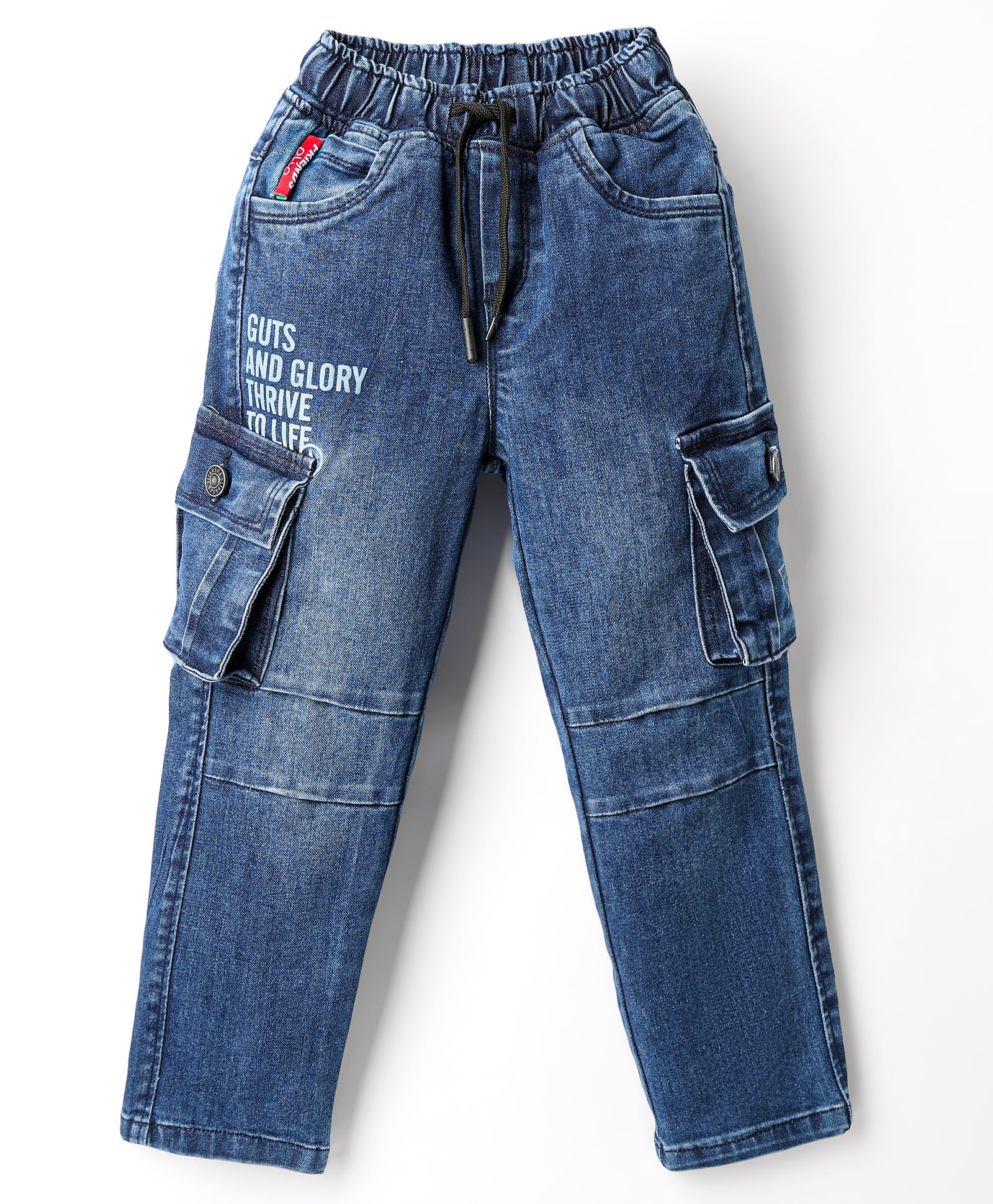 Olio Kids Denim Woven Full Length Jeans With Cargo Pockets & Text Print- Navy Blue-picture-11