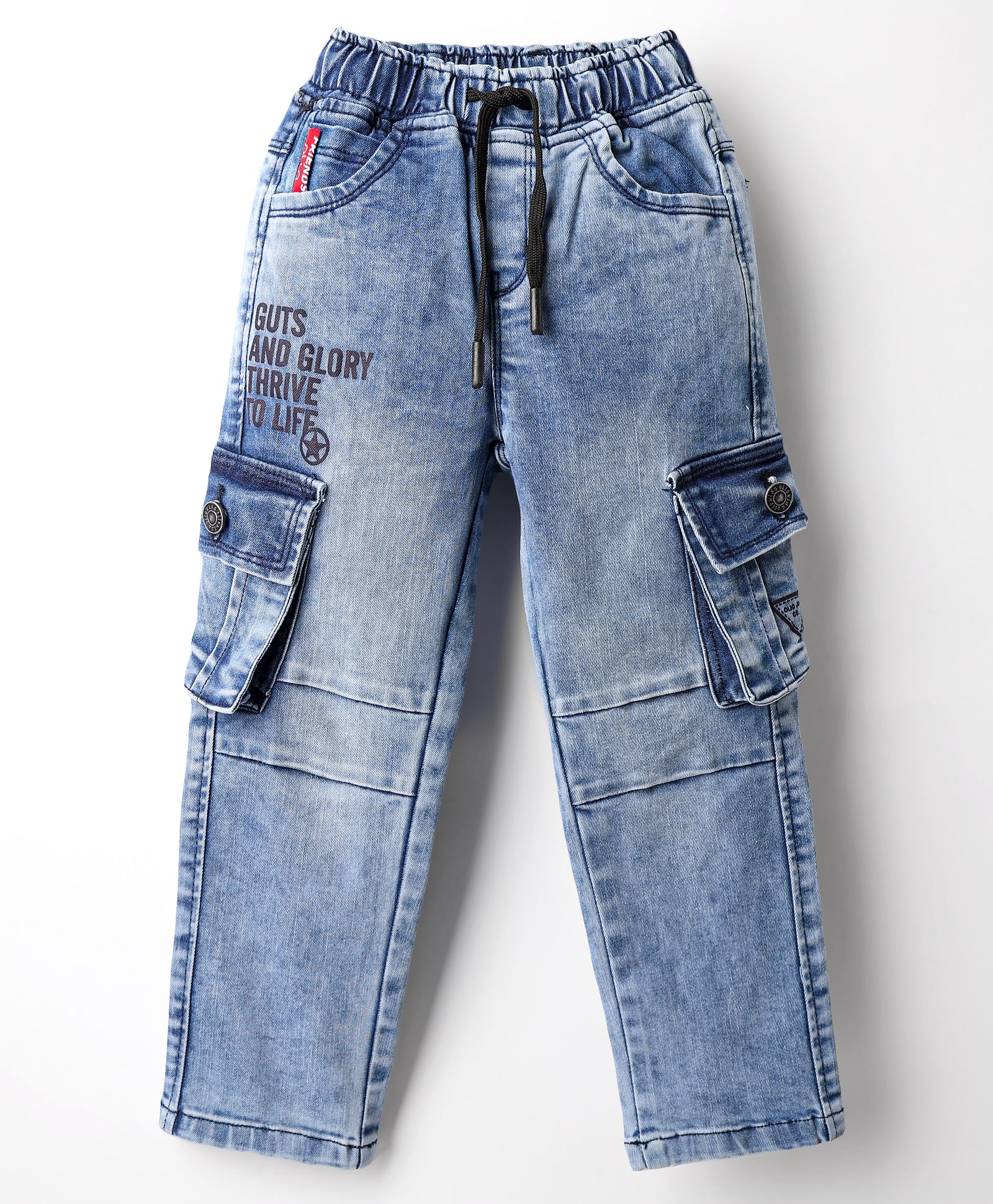 Olio Kids Denim Woven Full Length Jeans With Cargo Pockets & Text Print - Blue-image-36