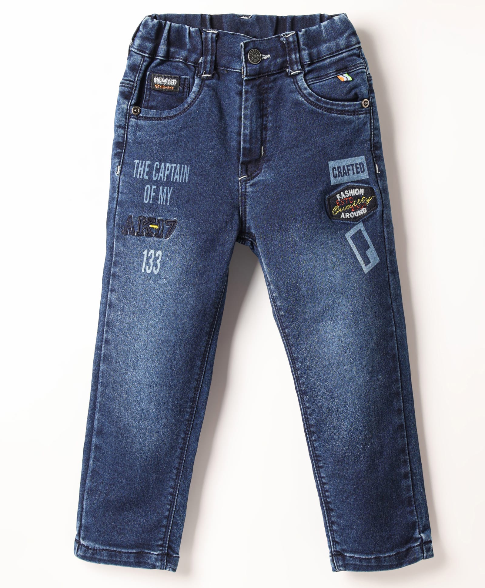 Olio Kids Woven Full Length Denim Jeans With Text Print & Embroidery - Navy Blue-image-20