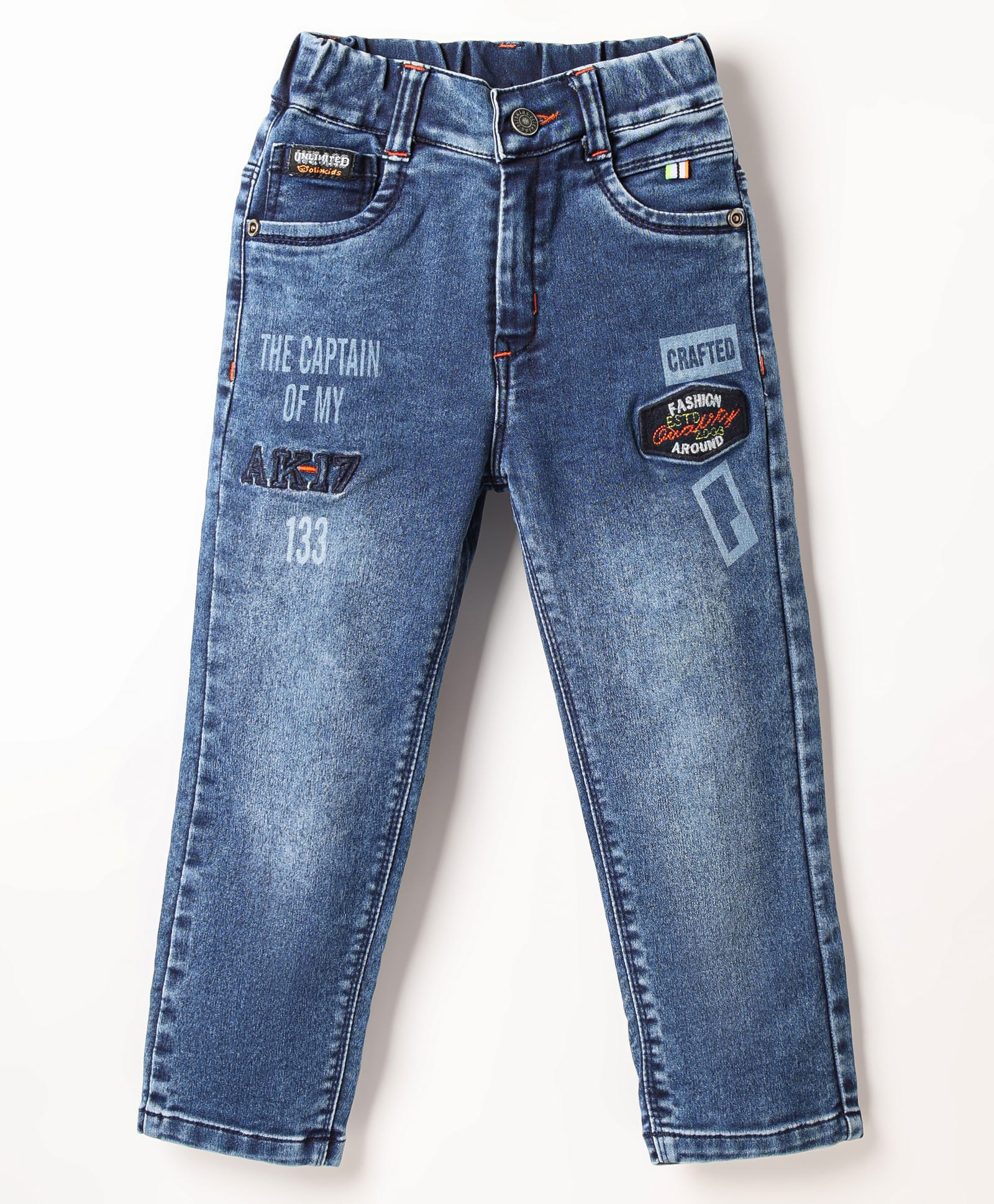Olio Kids Woven Full Length Denim Jeans With Text Print & Embroidery - Light Blue-picture-19