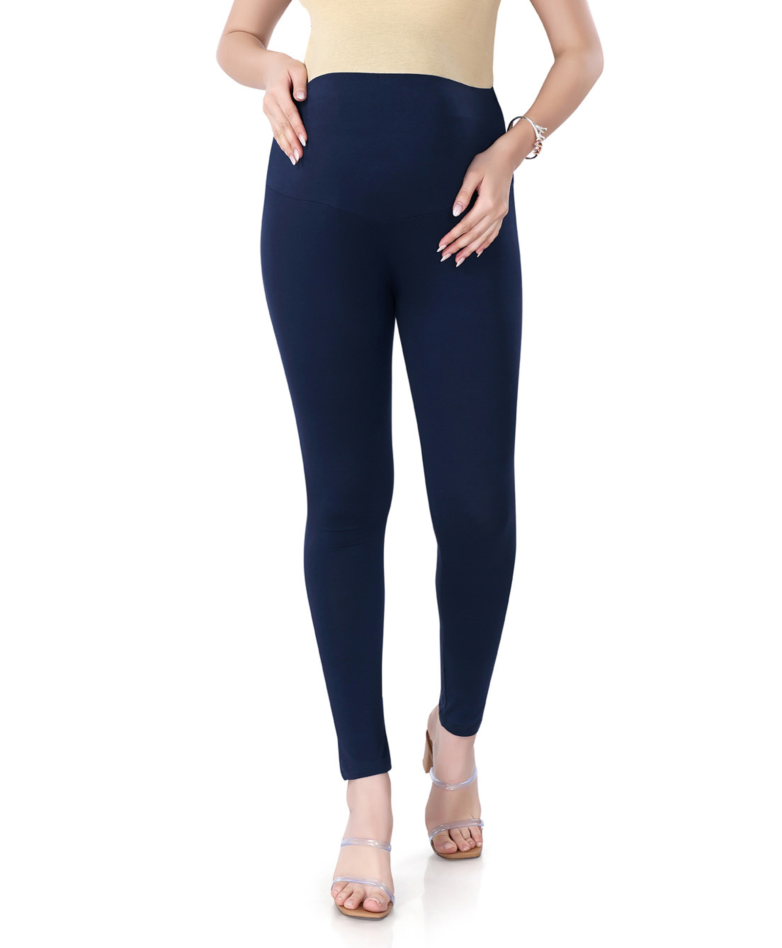Bella Mama Full Length Maternity Leggings With Tummy Band Solid Color- Navy-image-29