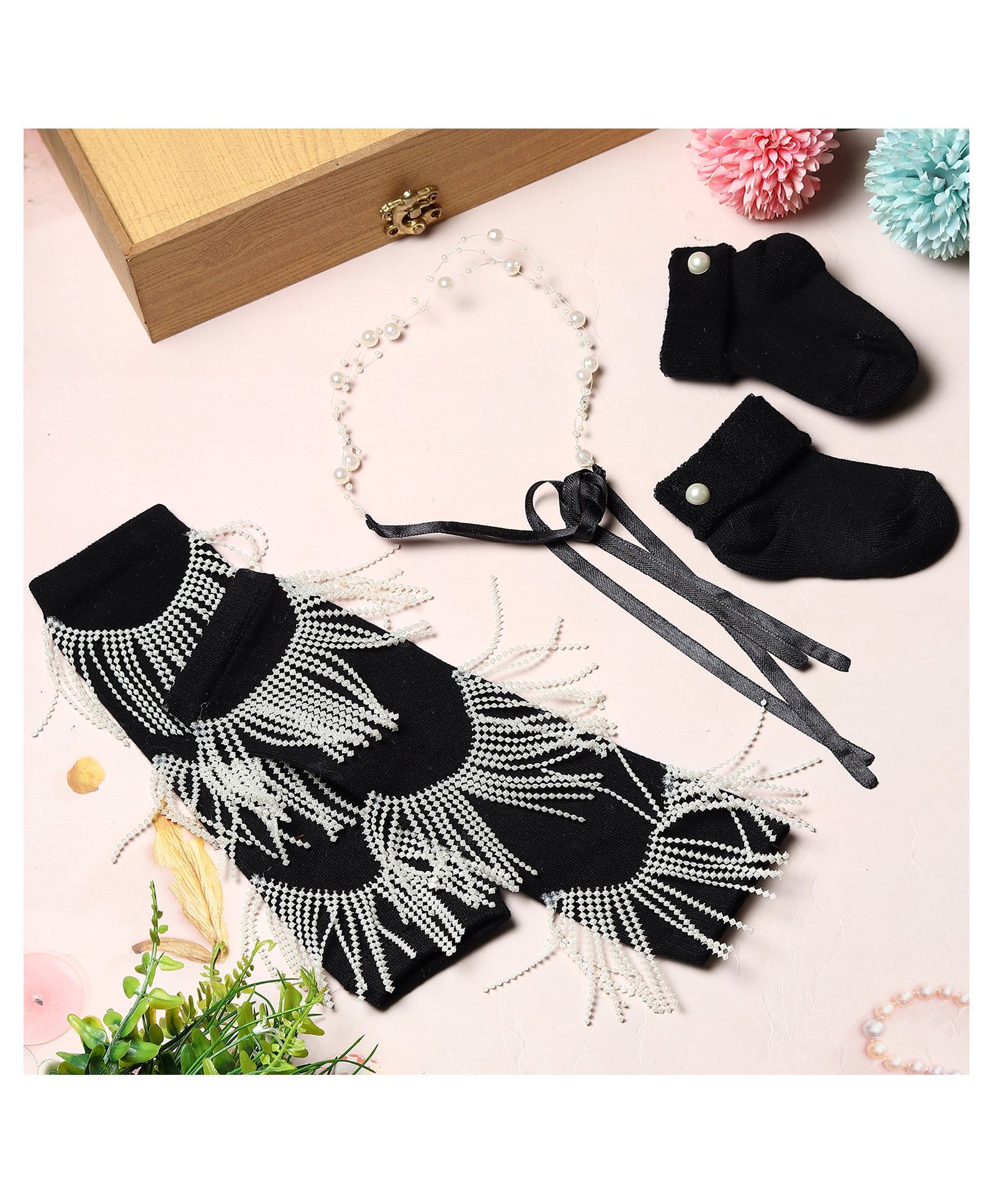 Tipy Tipy Tap Cotton Pearls Embellished Legwarmers With Socks & Headband Set - Black-picture-43