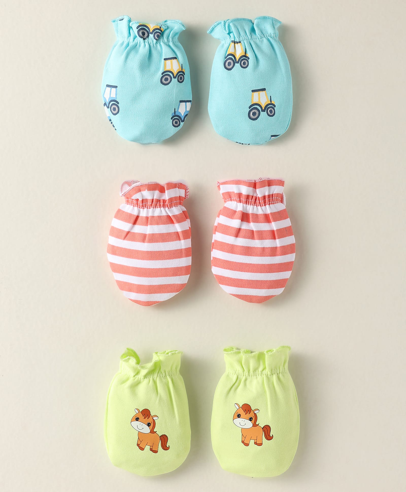 Babyhug 100% Cotton Interlock Knit Mittens With Stripes & Animal Print Pack Of 3 - Yellow Light Blue & Light Green-picture-20