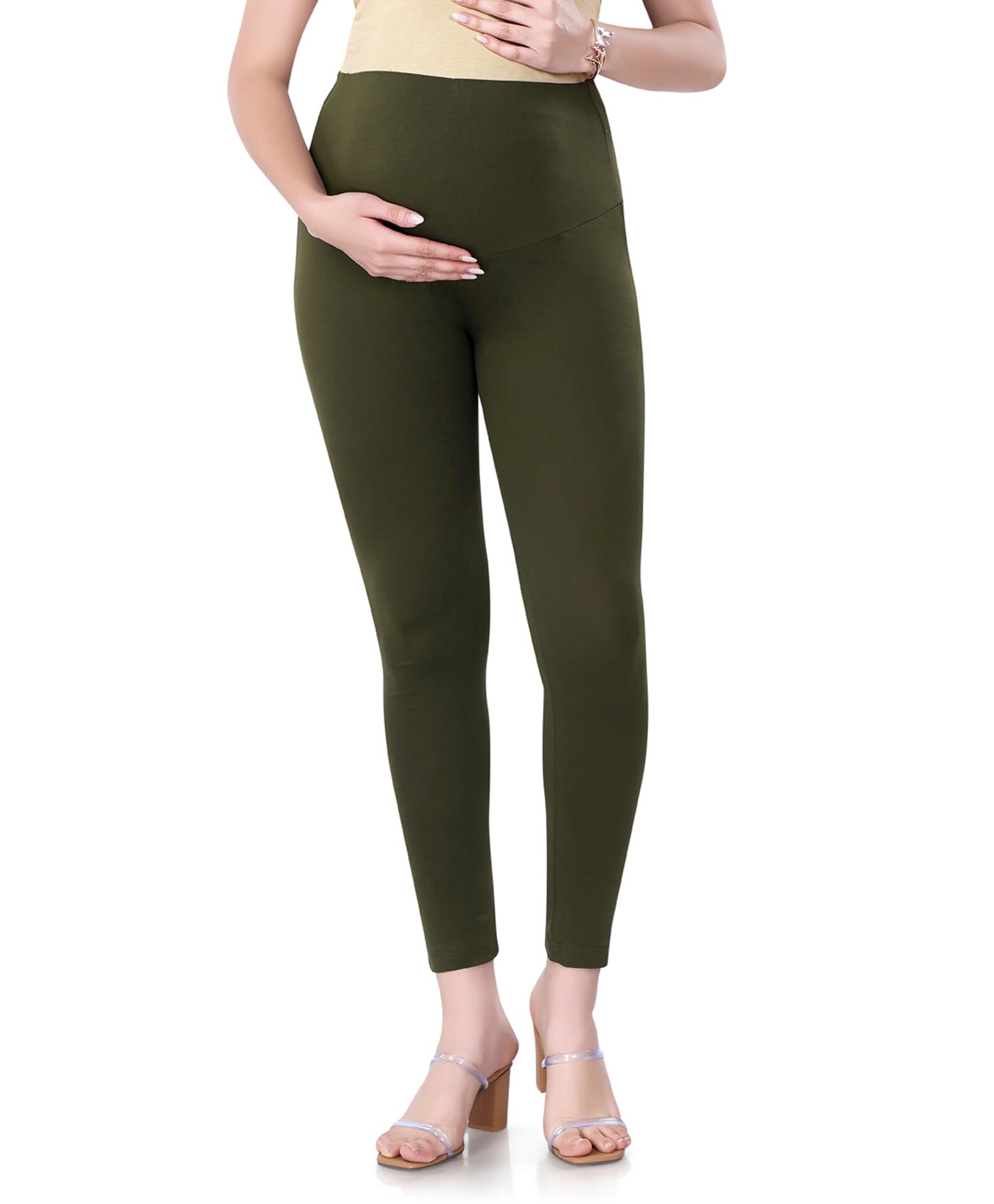 Bella Mama Full Length Maternity Leggings With Tummy Band Solid Color- Olive Green-image-32