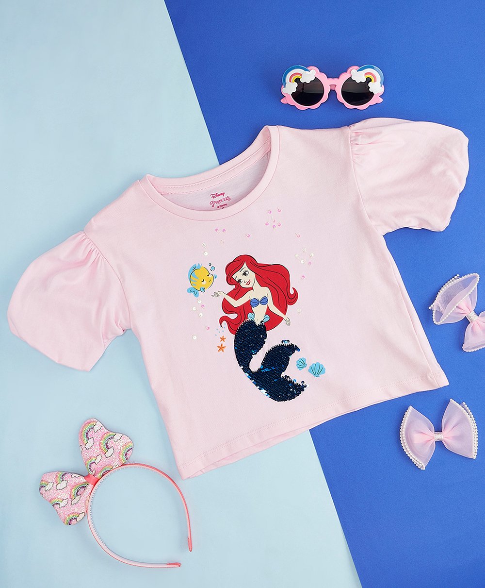 Pantaloons Junior Cotton Disney The Little Mermaid Featuring Half Balloon Sleeves Ariel Printed Top - Pink-image-27