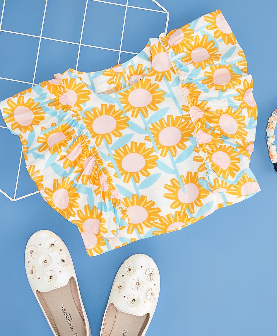 Pantaloons Junior Rayon Sleeveless Frill Detailed Floral Printed Top - Off White & Yellow-picture-35