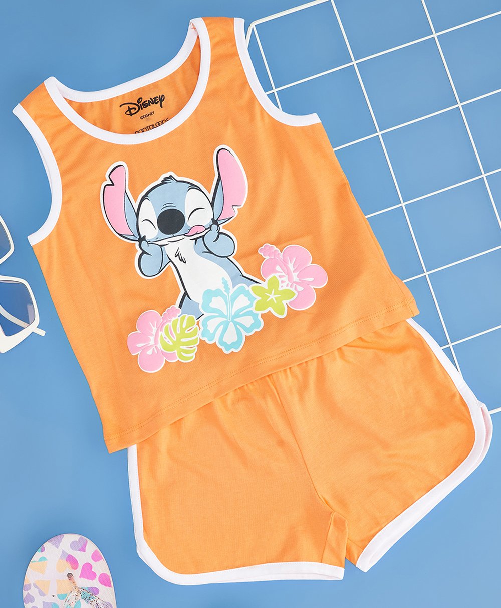 Pantaloons Junior Cotton Knit Disney Featuring Half Sleeves Lino Stitch Character Printed Coordinating Night Wear Set - Orange-image-45