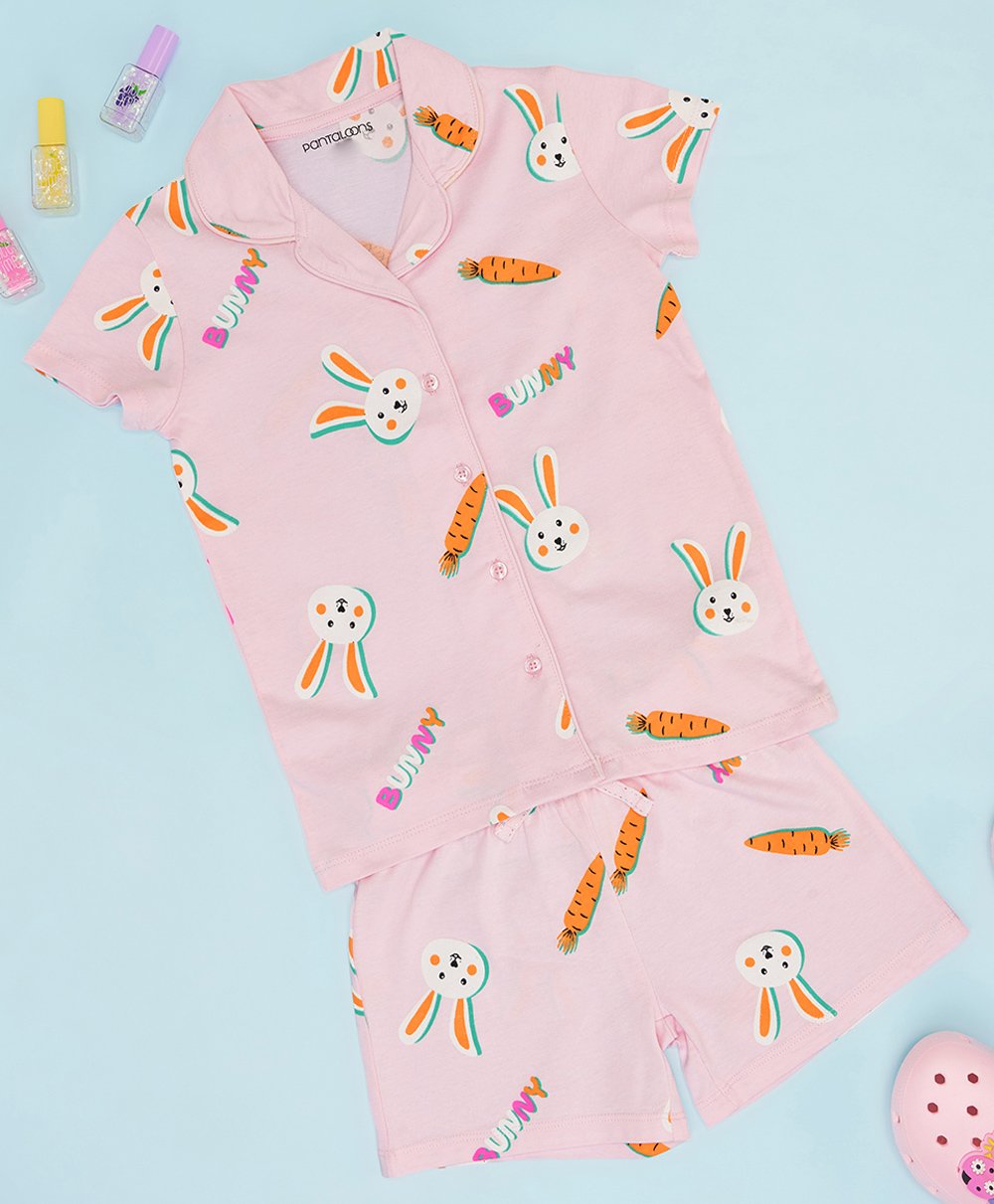 Pantaloons Junior Cotton Knit Half Sleeves Bunny Printed Coordinating Night Wear Set - Cloud Pink-image-42