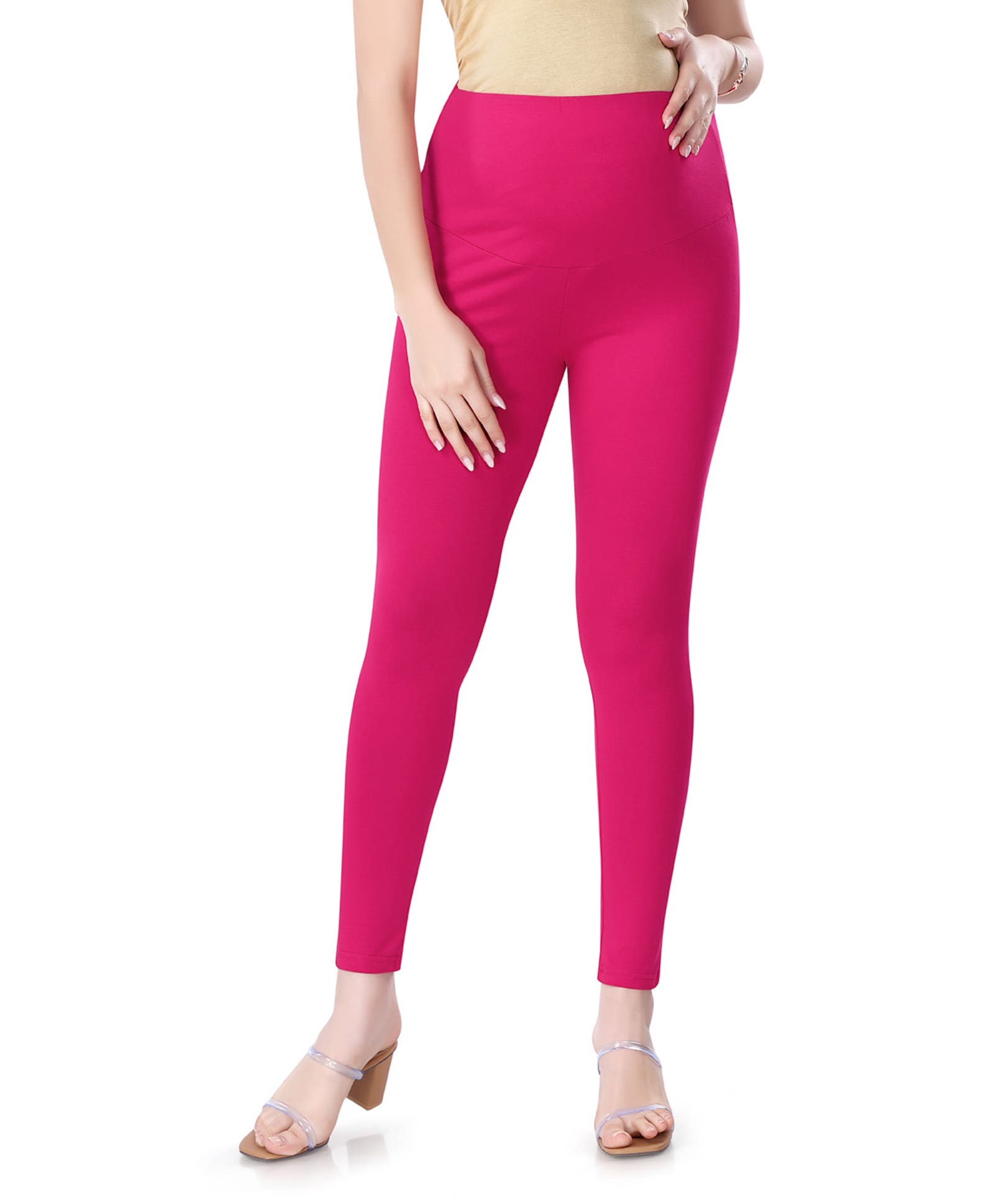 Bella Mama Full Length Maternity Leggings With Tummy Band Solid Color- Fuchsia-image-0