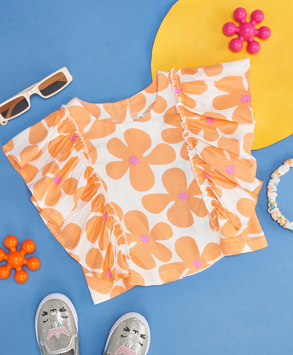 Pantaloons Junior Sleeveless Frill Detailed Floral Printed Top - Orange-picture-16