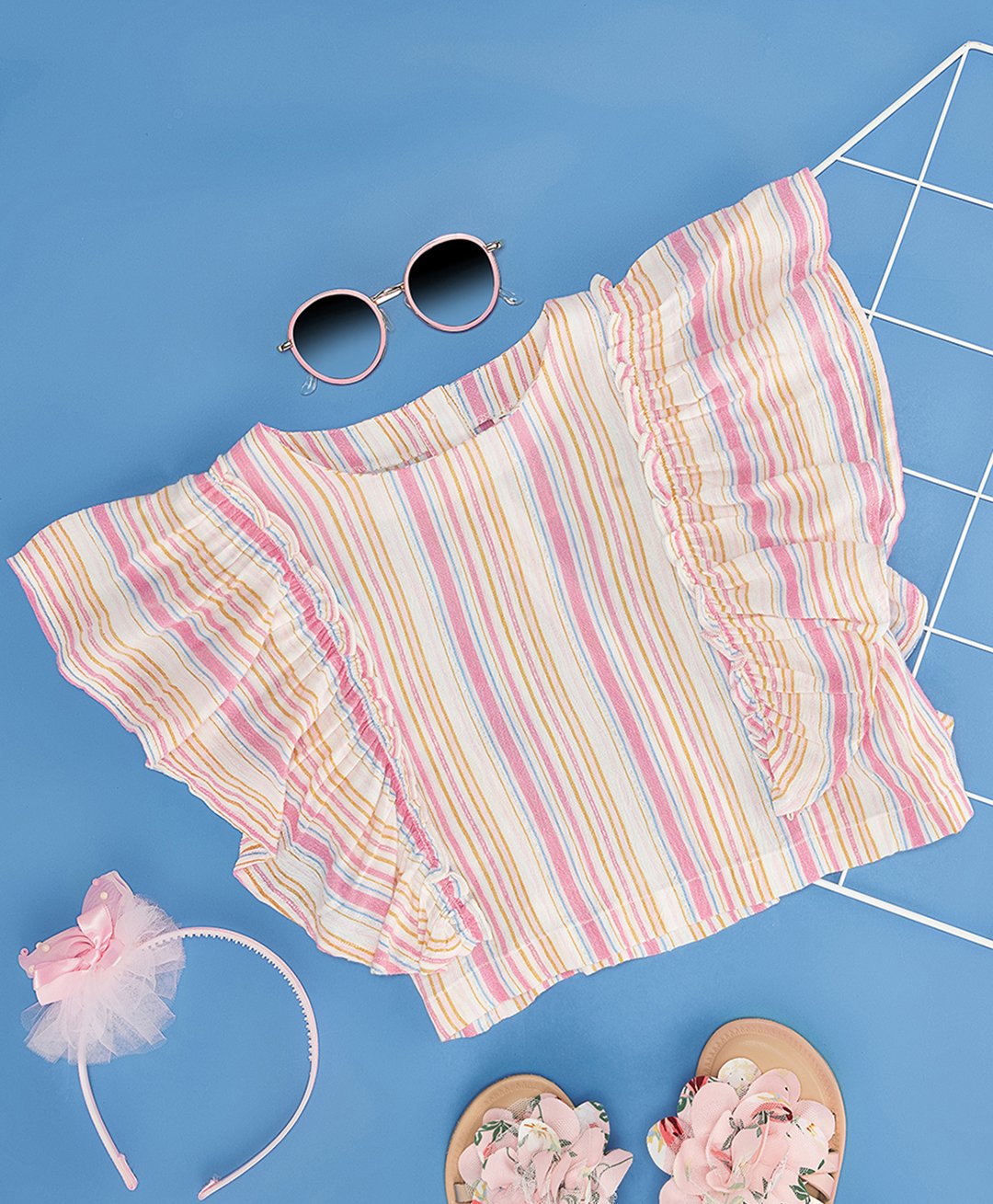 Pantaloons Junior Rayon Sleeveless Frill Detailed Striped Top - Pink-picture-37