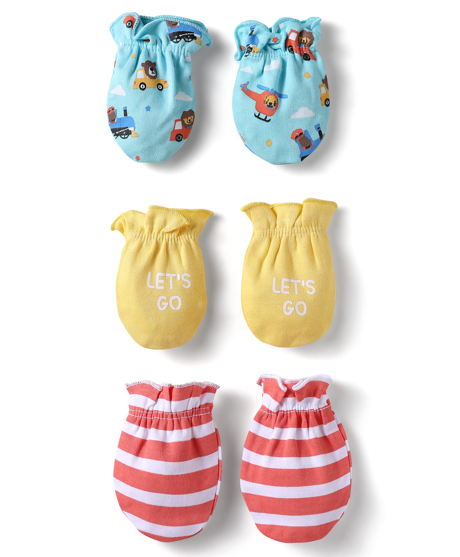 Babyhug 100% Cotton Mittens With Vehicles Text Print & Stripes Pack of 3 - Light Blue Red & Yellow-image-18