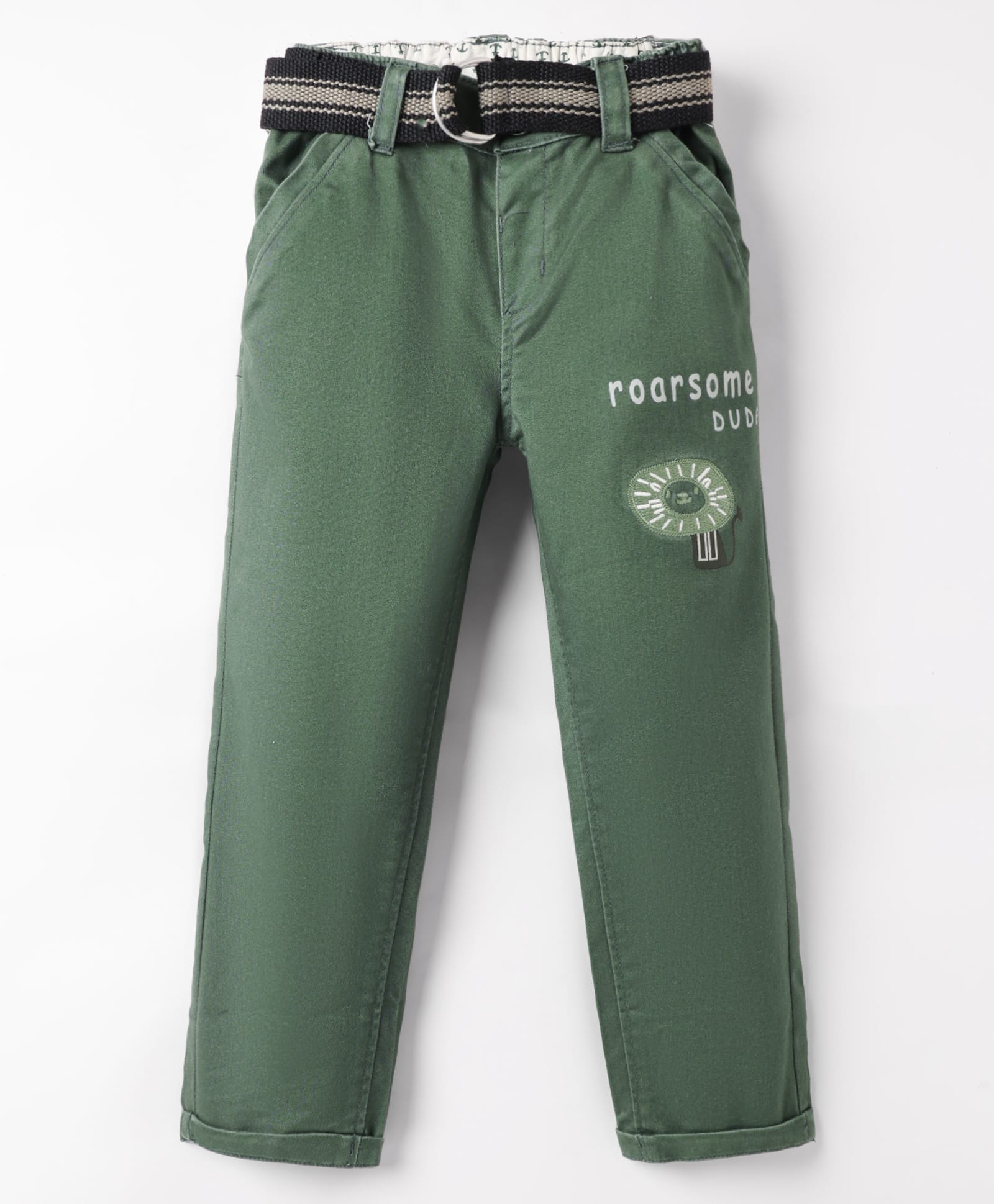 Olio Kids Cotton Woven Full Length Trouser With Lion Embroidery & Belt - Olive Green-picture-10